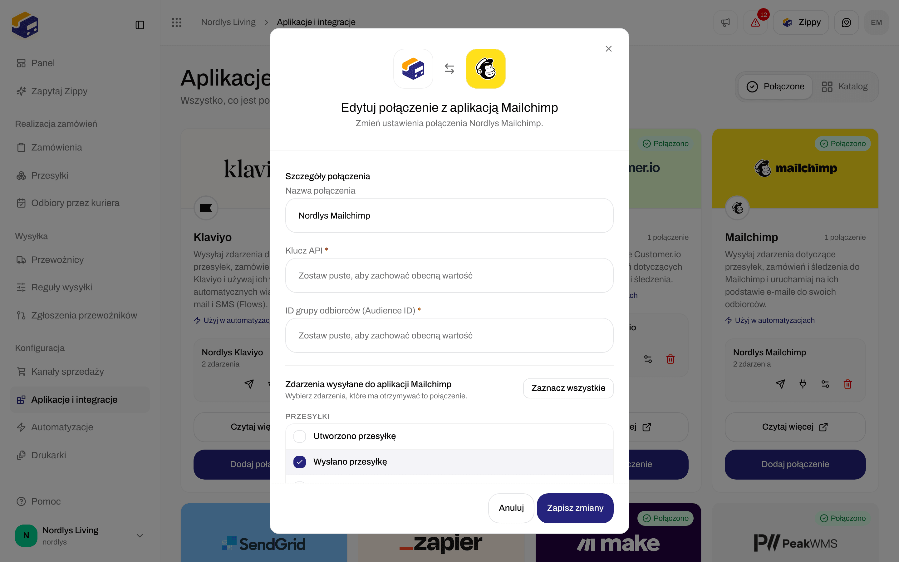 Okno edycji połączenia Mailchimp z nazwą połączenia, pustymi polami Klucz API i Audience ID oraz zdarzeniami