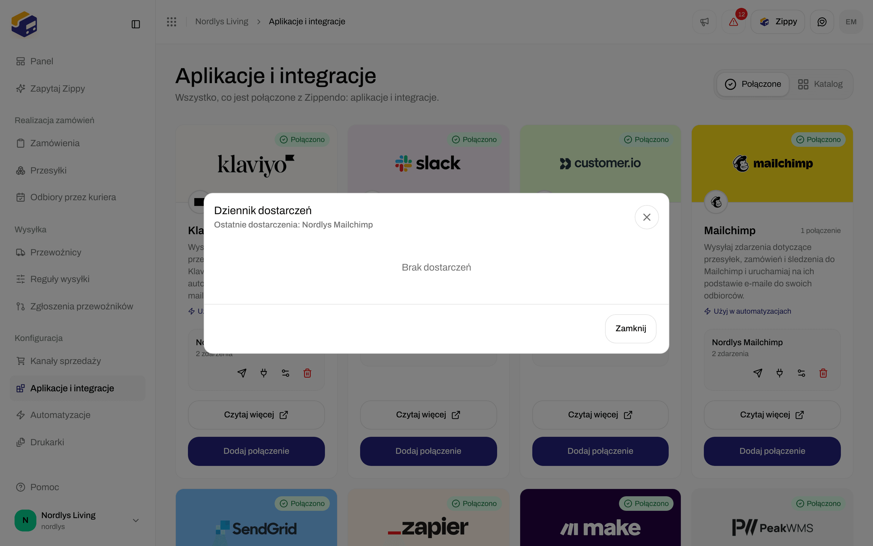 Okno dziennika dostarczeń dla połączenia Mailchimp z napisem Brak dostarczeń