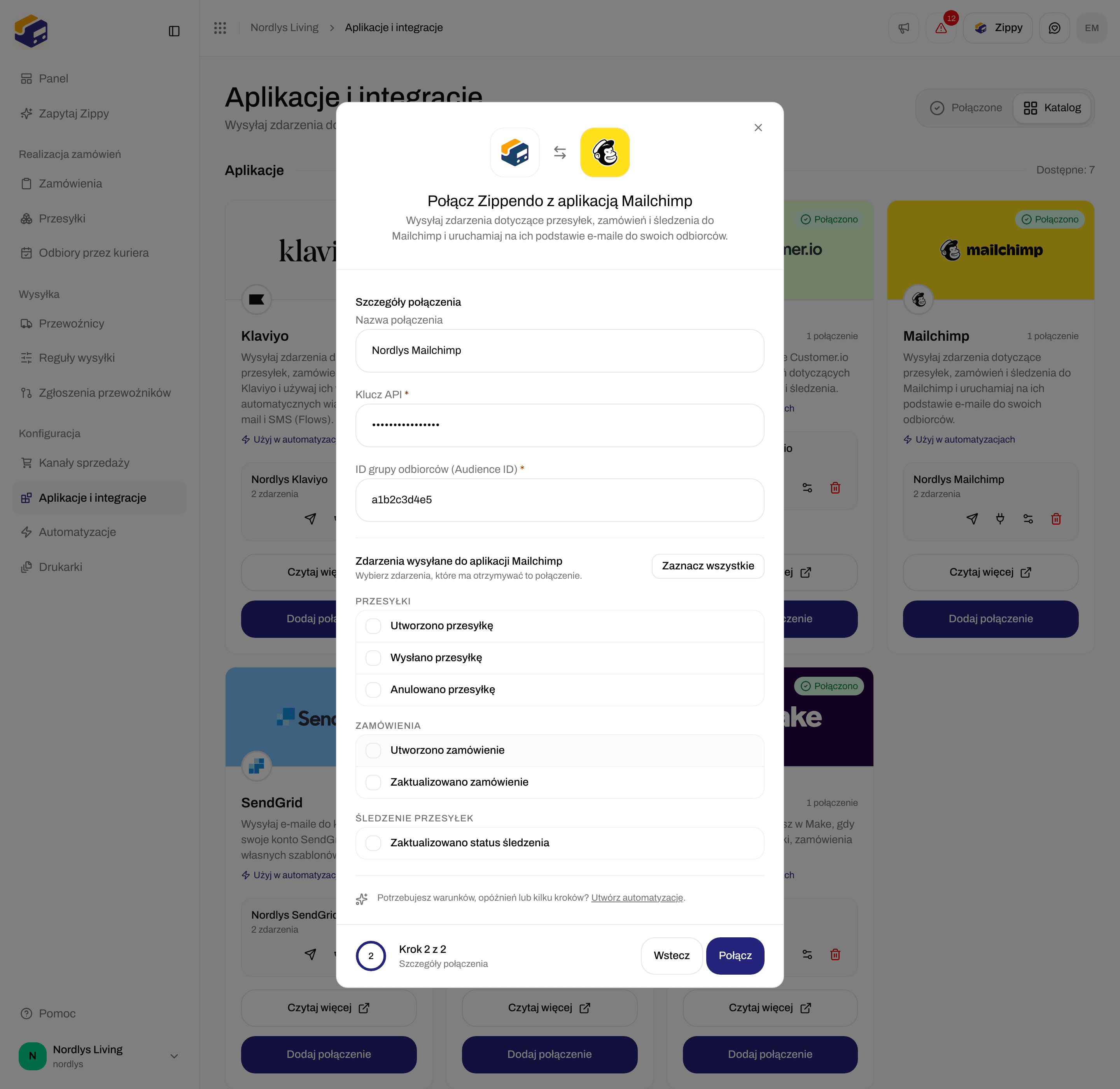 Okno połączenia Mailchimp przewinięte do pól wyboru zdarzeń zamówień i śledzenia