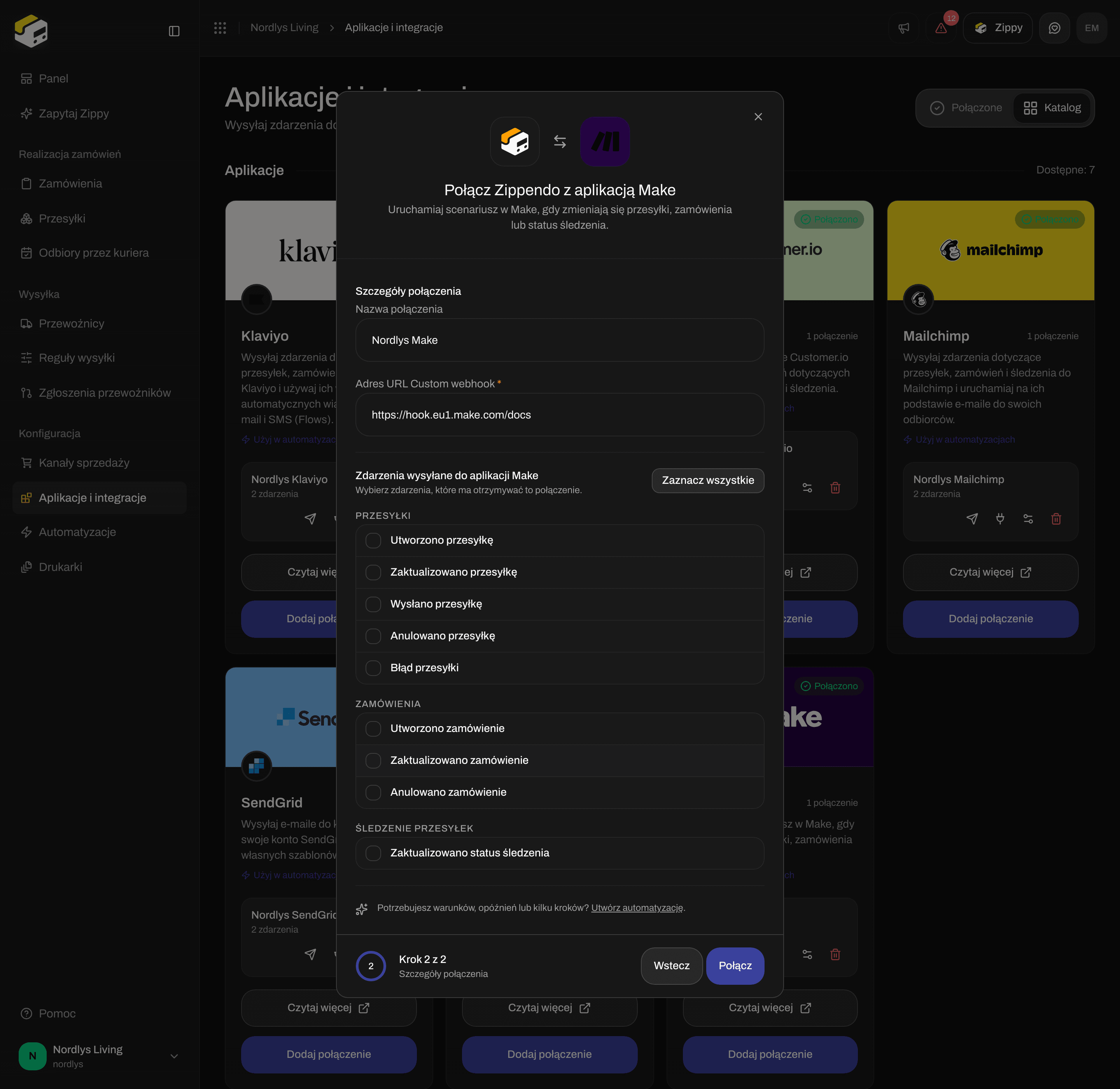 Okno połączenia dla Make z nazwą połączenia, polem Adres URL Custom webhook i polami wyboru zdarzeń