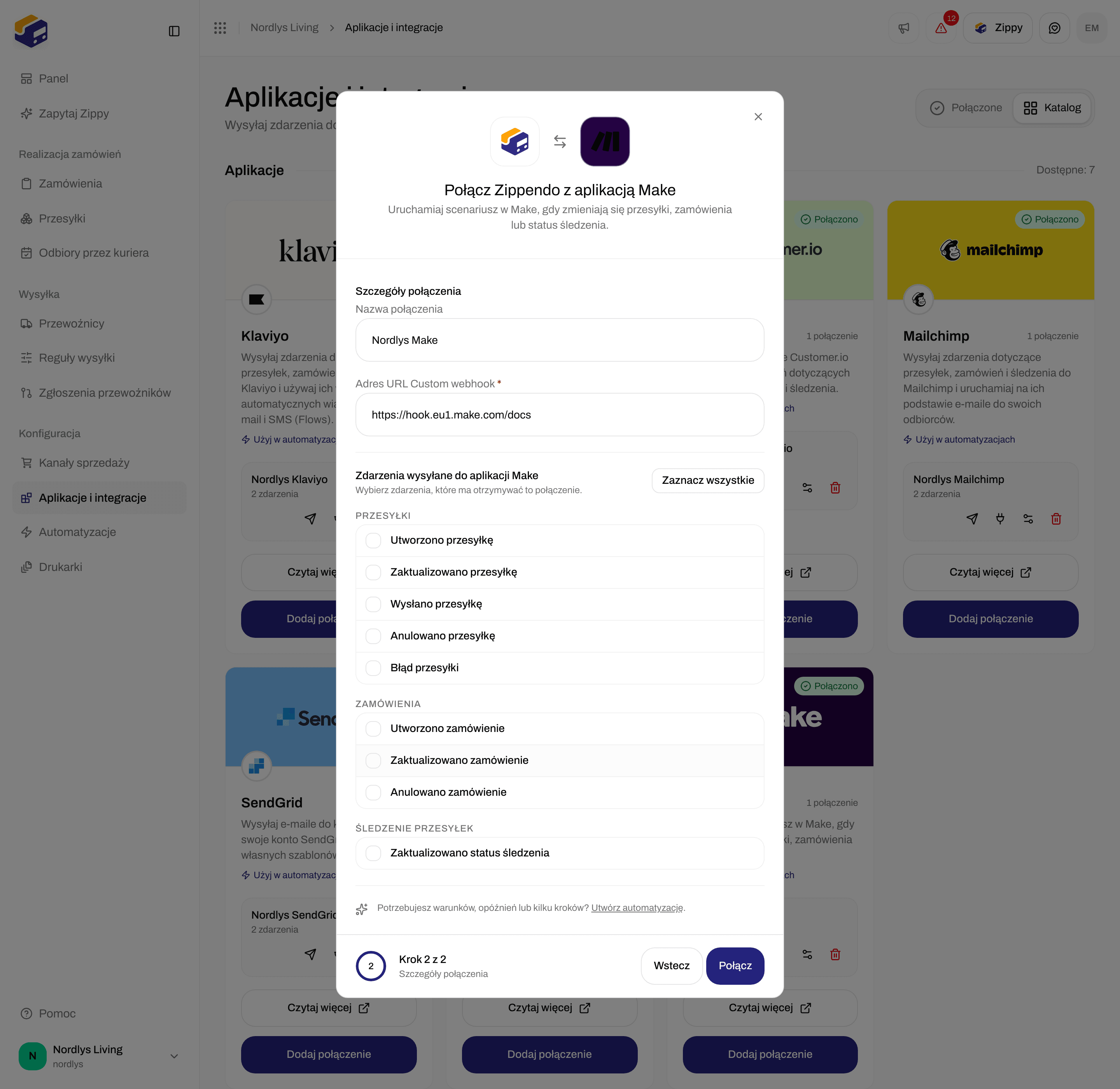 Okno połączenia dla Make z nazwą połączenia, polem Adres URL Custom webhook i polami wyboru zdarzeń