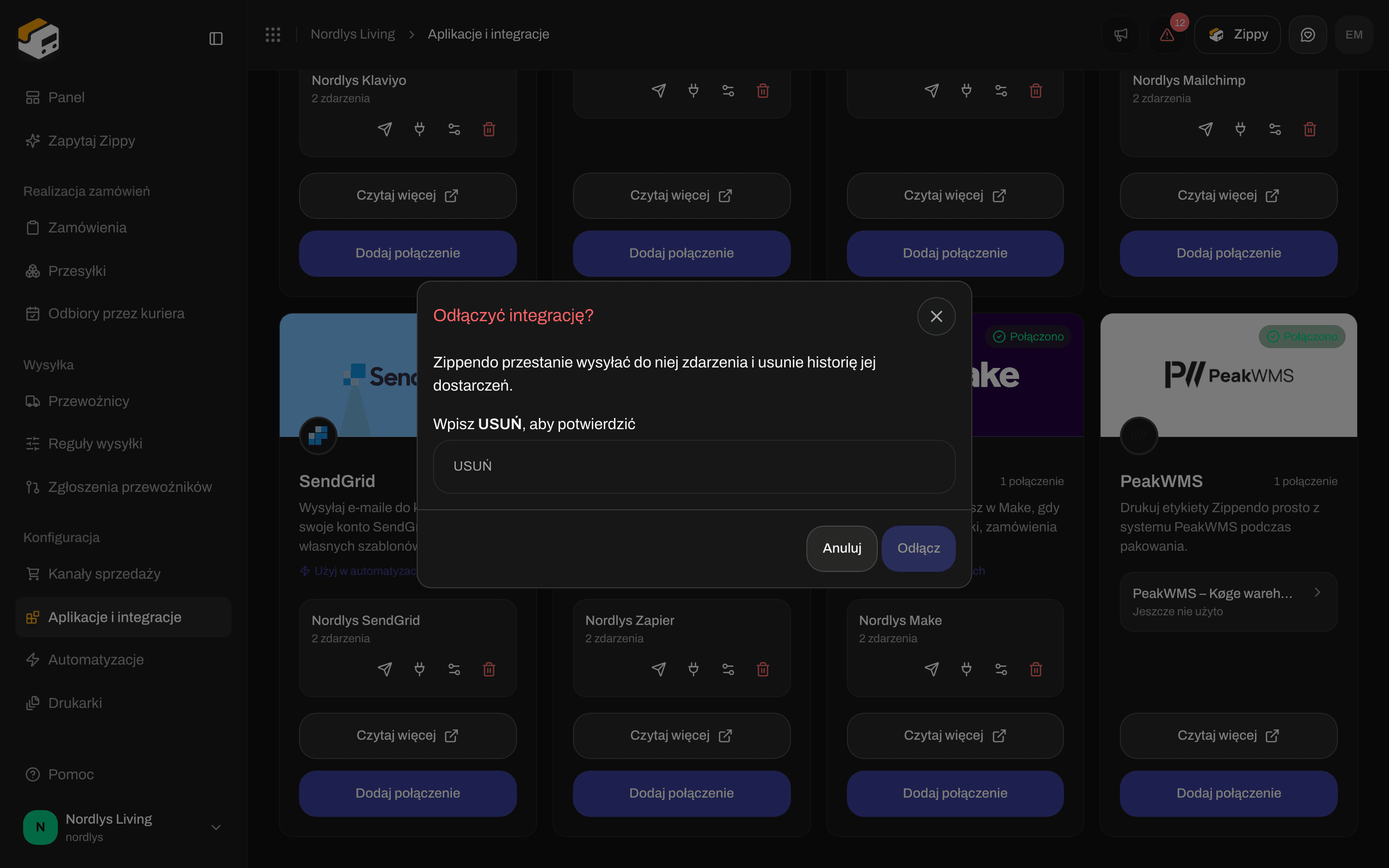 Okno odłączania integracji z prośbą o wpisanie DELETE