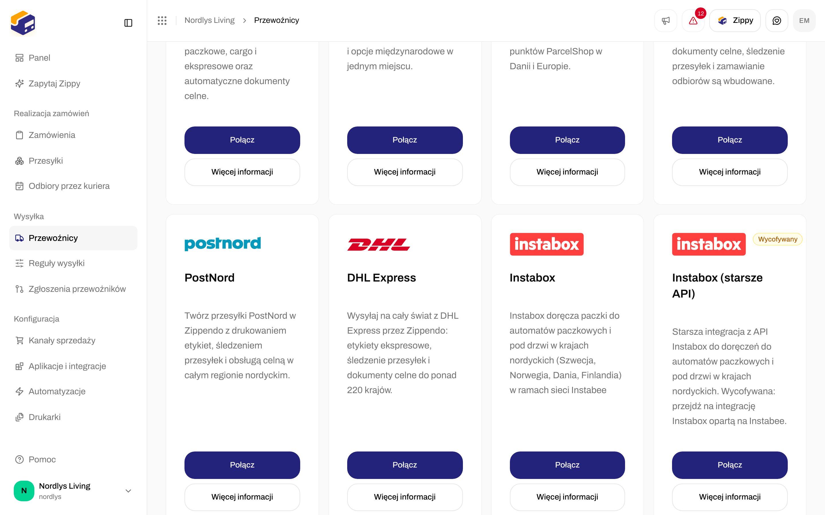 Karta Wszyscy przewoźnicy z kartą PostNord i jej przyciskami Połącz i Więcej informacji