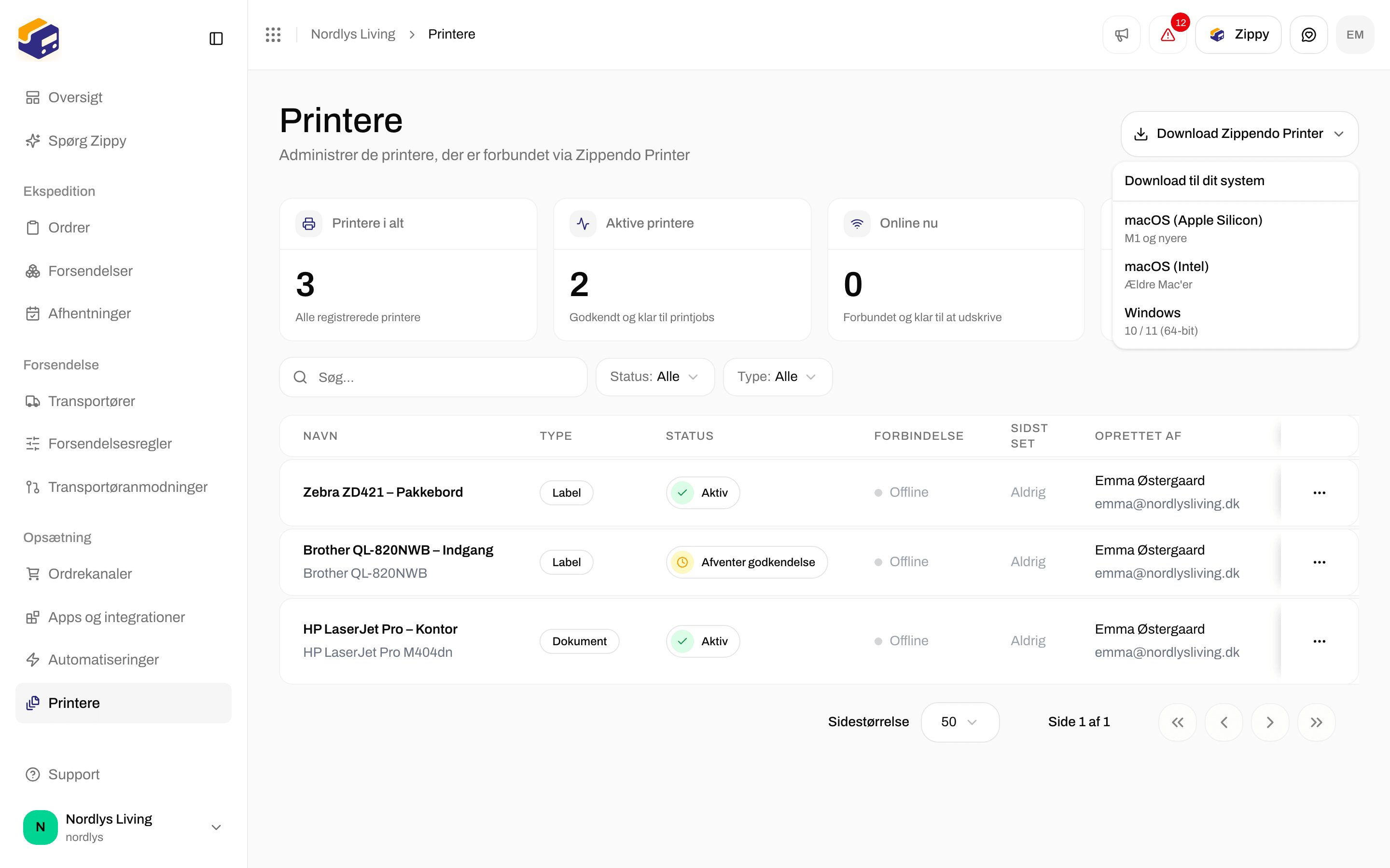 Downloadmenu på siden Printere med installationsprogrammer til macOS Apple Silicon, macOS Intel og Windows