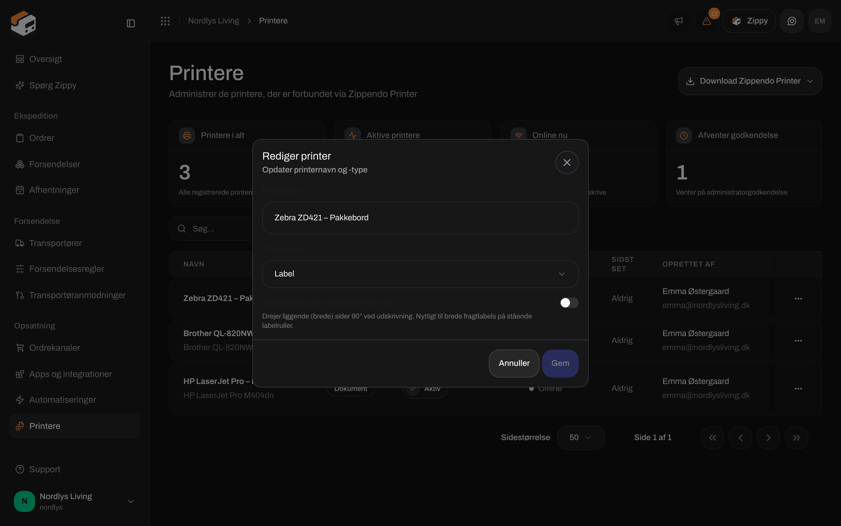 Vinduet Rediger printer med Printernavn, Printertype sat til Label og kontakten Roter brede sider til stående format