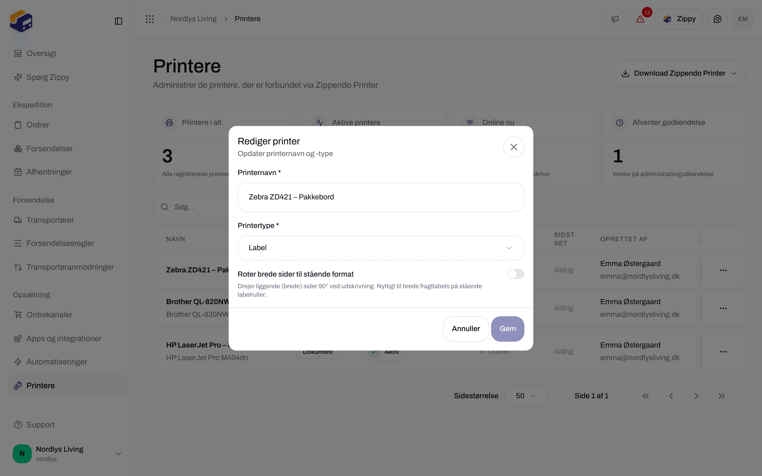 Vinduet Rediger printer med Printernavn, Printertype sat til Label og kontakten Roter brede sider til stående format