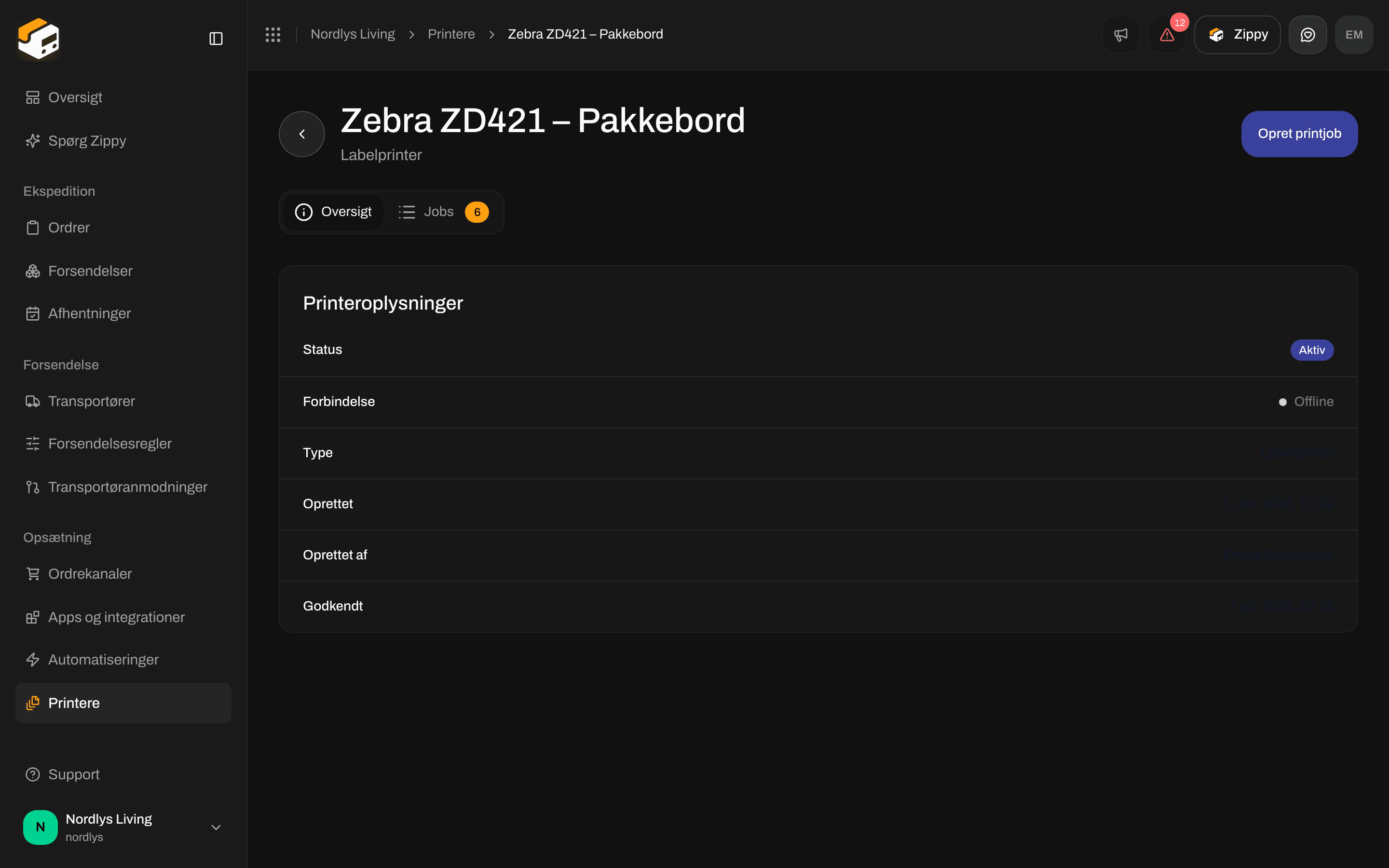 Printersiden, fanen Overblik med Printeroplysninger, status Aktiv og forbindelse Offline