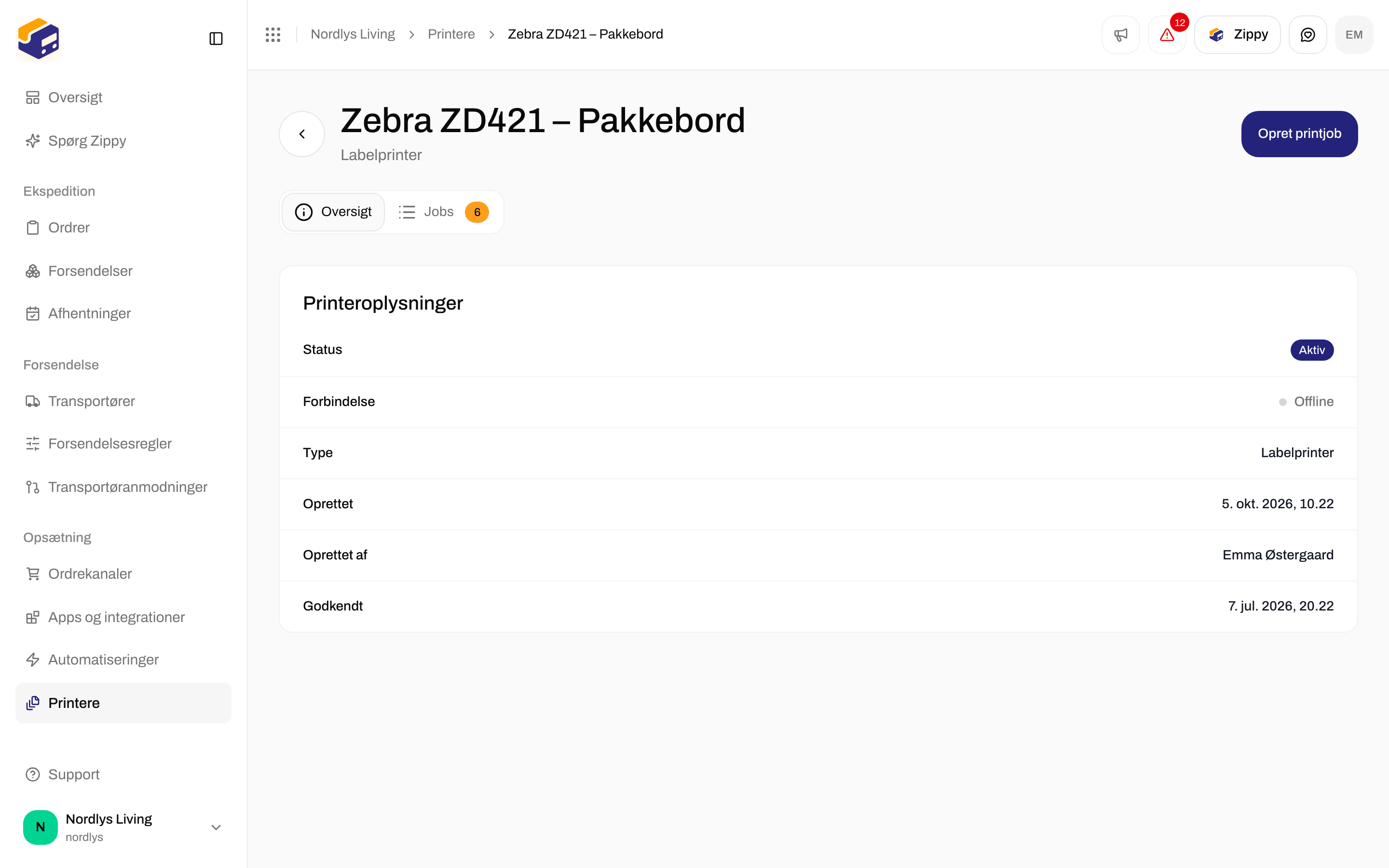 Printersiden, fanen Overblik med Printeroplysninger, status Aktiv og forbindelse Offline