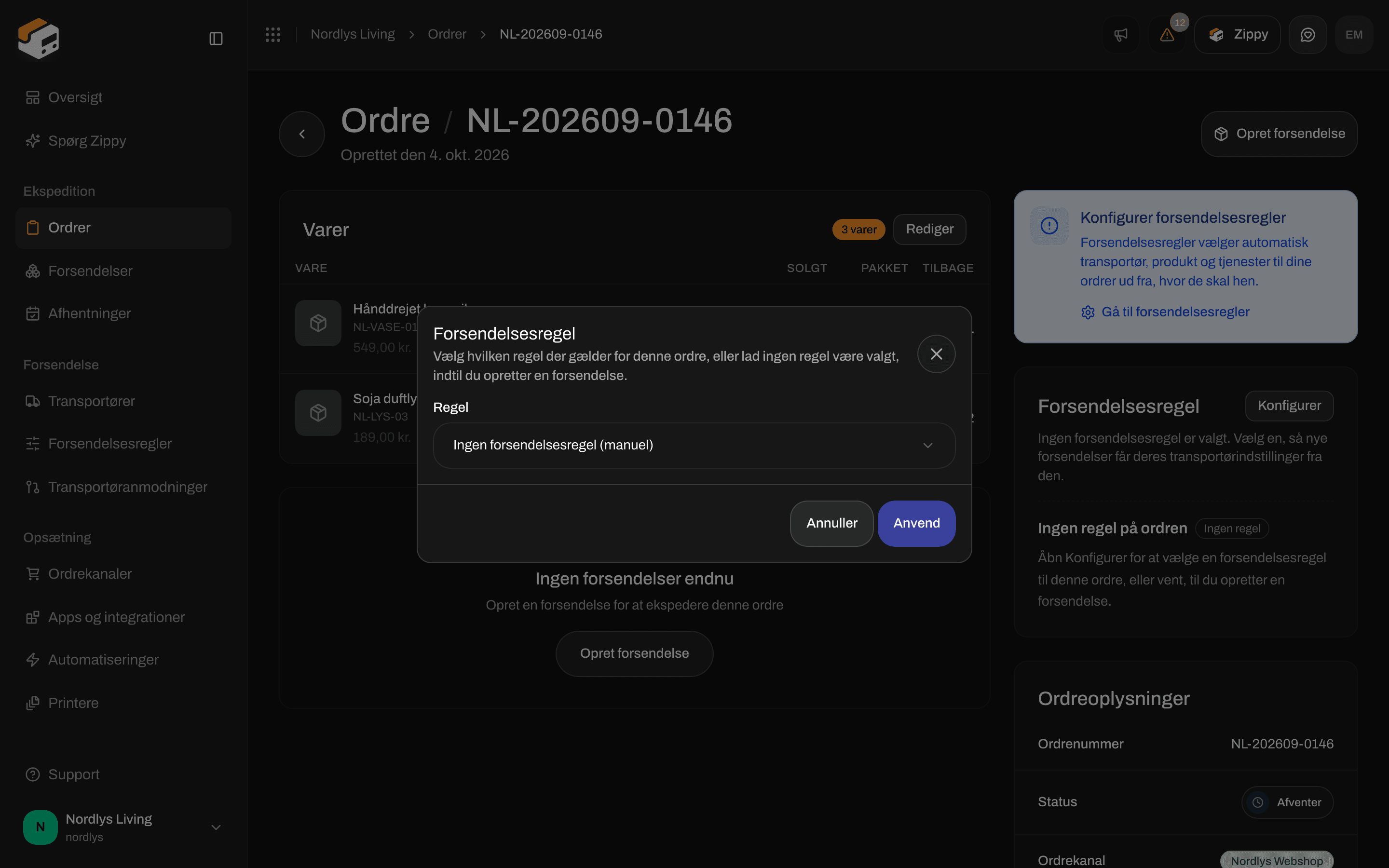 Vinduet Forsendelsesregel med listen Regel sat til Ingen forsendelsesregel (manuel) og Anvend