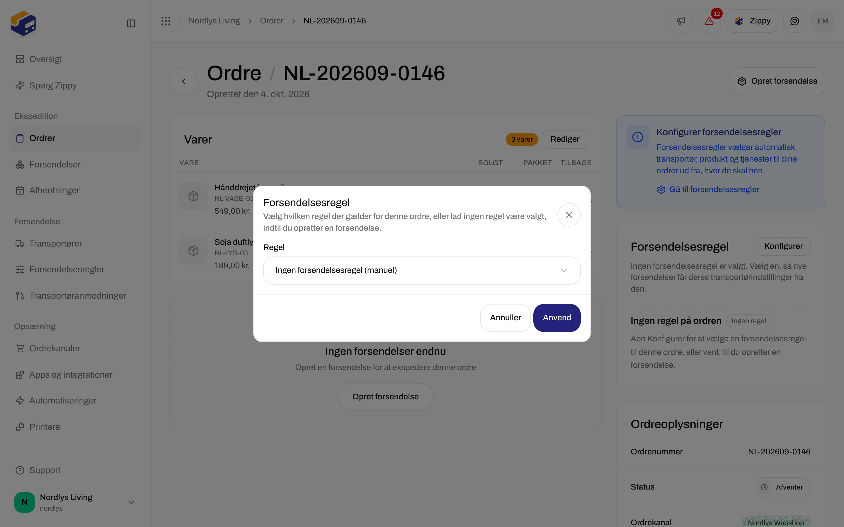 Vinduet Forsendelsesregel med listen Regel sat til Ingen forsendelsesregel (manuel) og Anvend