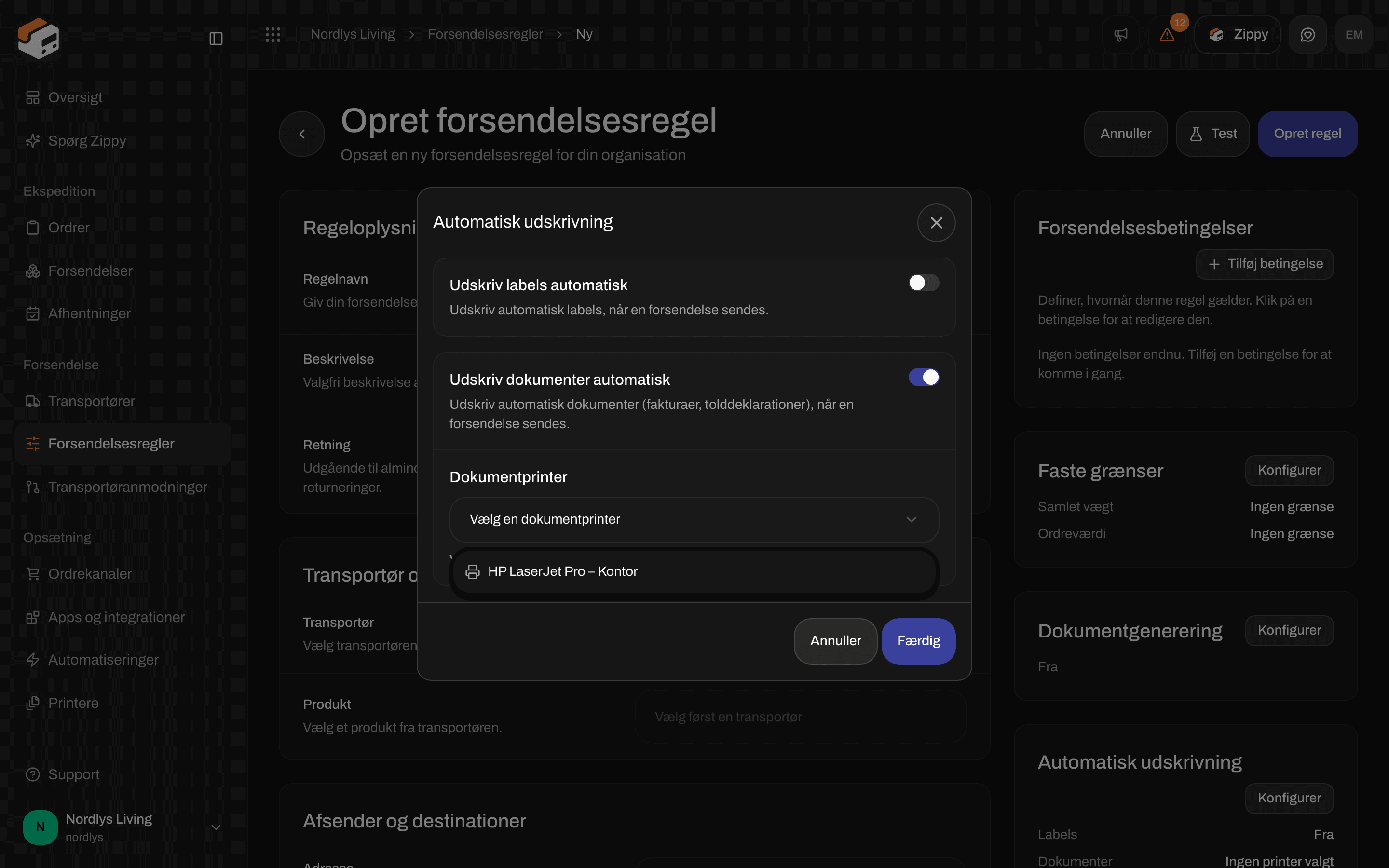 Dialogen Automatisk udskrivning med Udskriv dokumenter automatisk slået til og listen Dokumentprinter