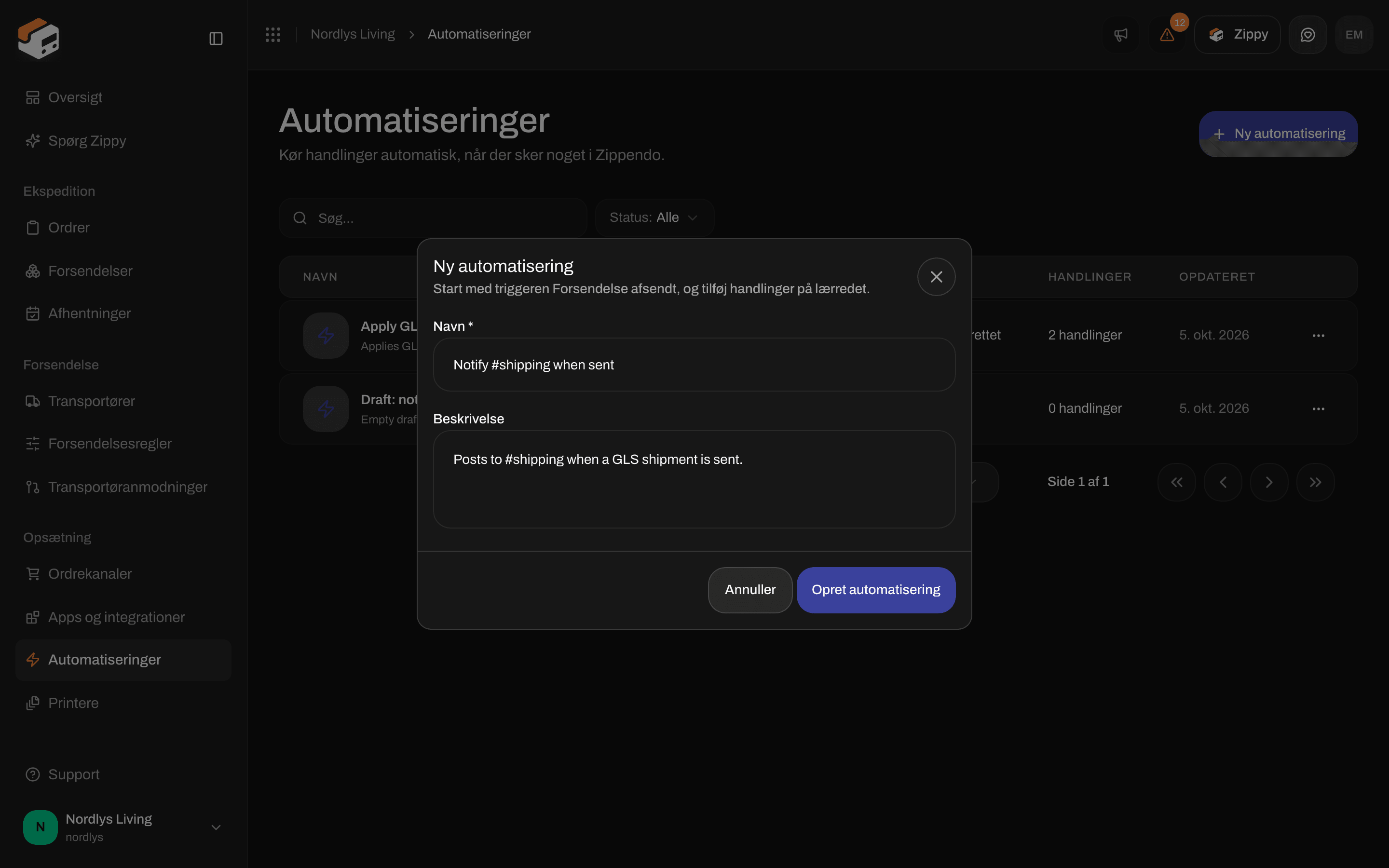 Vinduet Ny automatisering med Navn, Beskrivelse, Annuller og Opret automatisering
