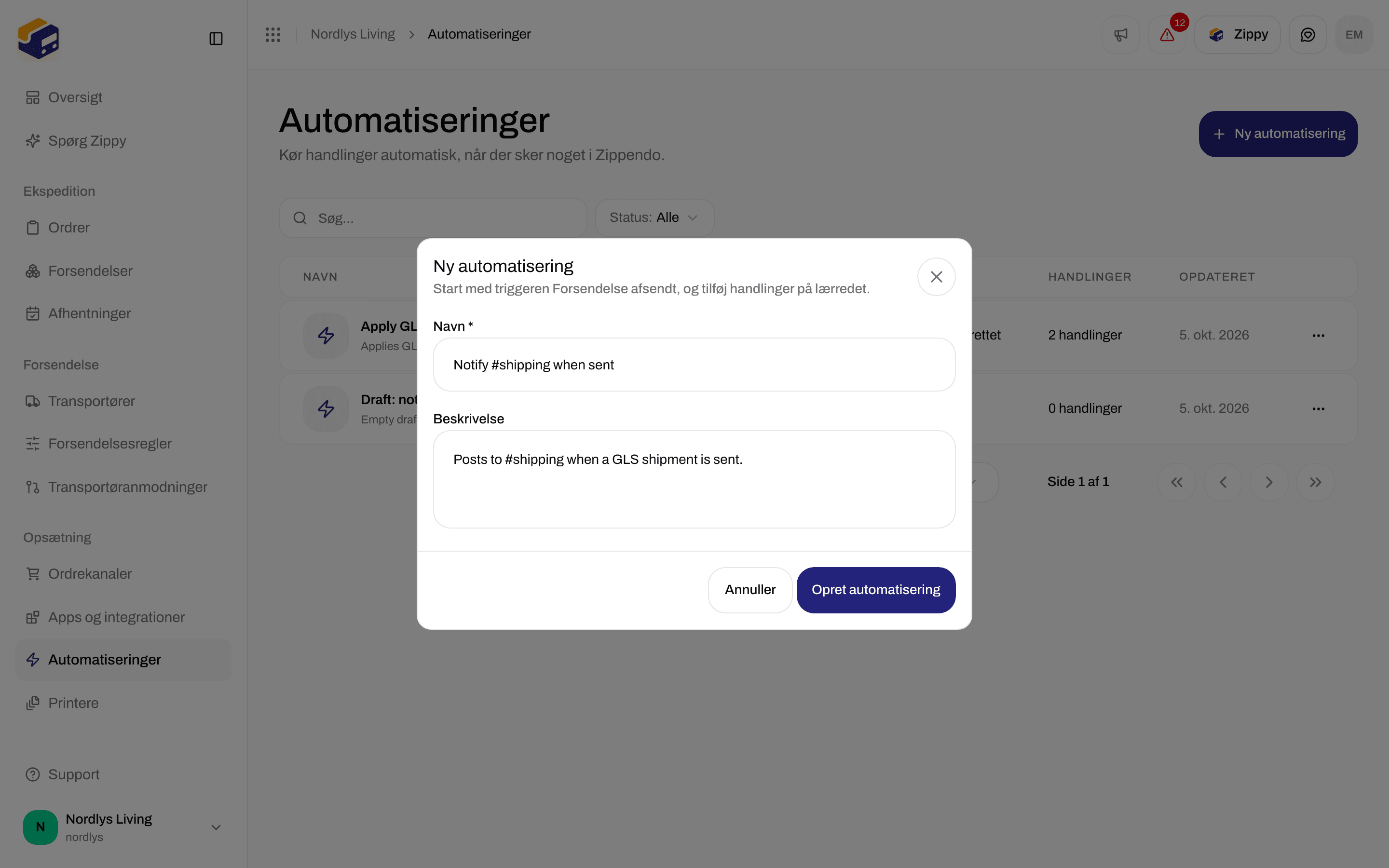 Vinduet Ny automatisering med Navn, Beskrivelse, Annuller og Opret automatisering