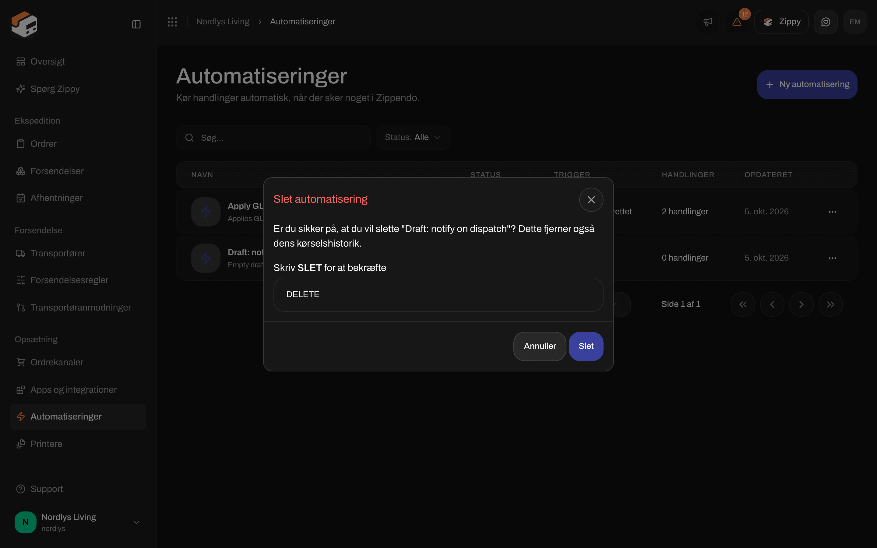 Vinduet Slet automatisering, der beder dig skrive DELETE for at bekræfte