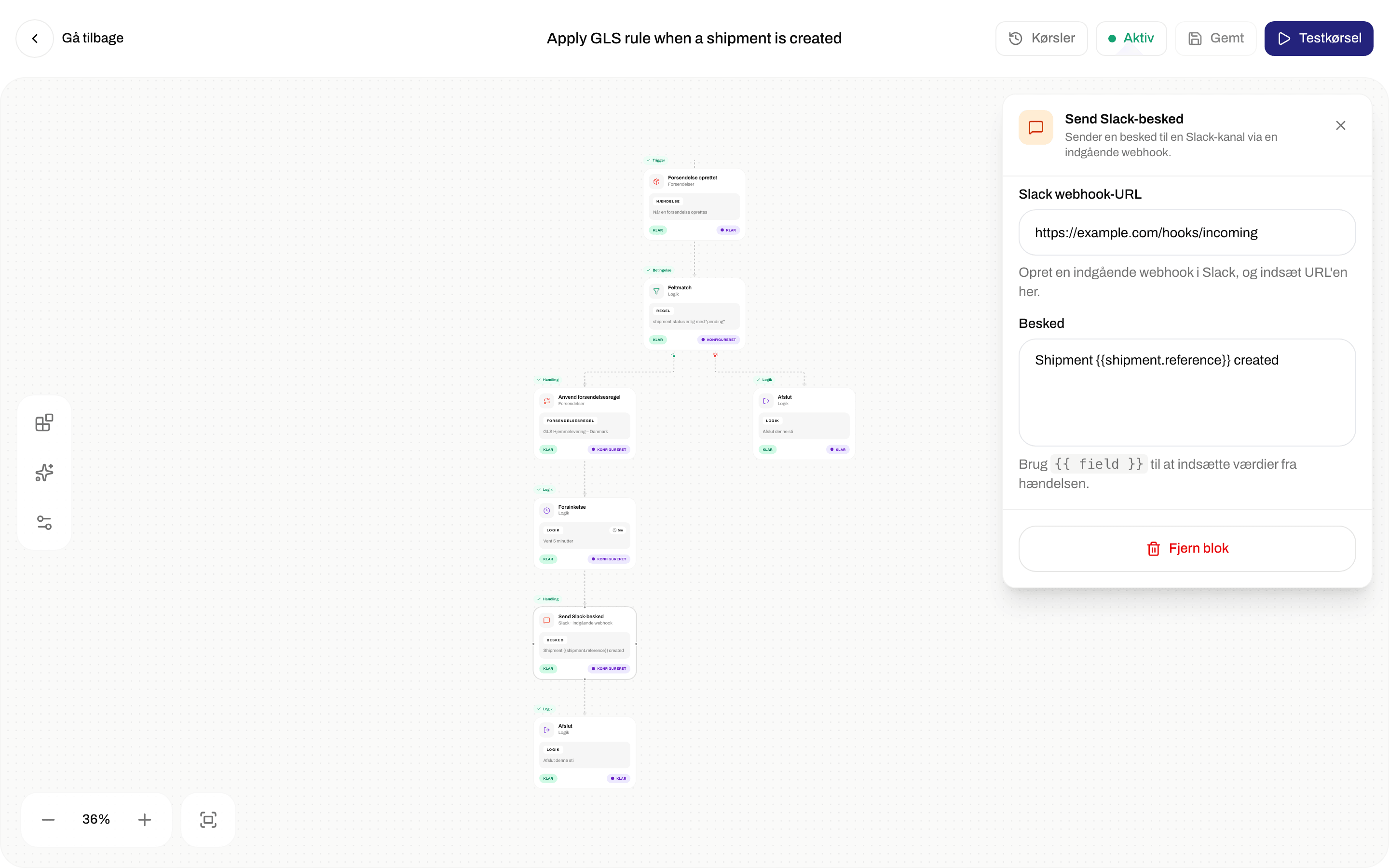 Indstillinger for Send Slack-besked med Slack webhook-URL og Besked