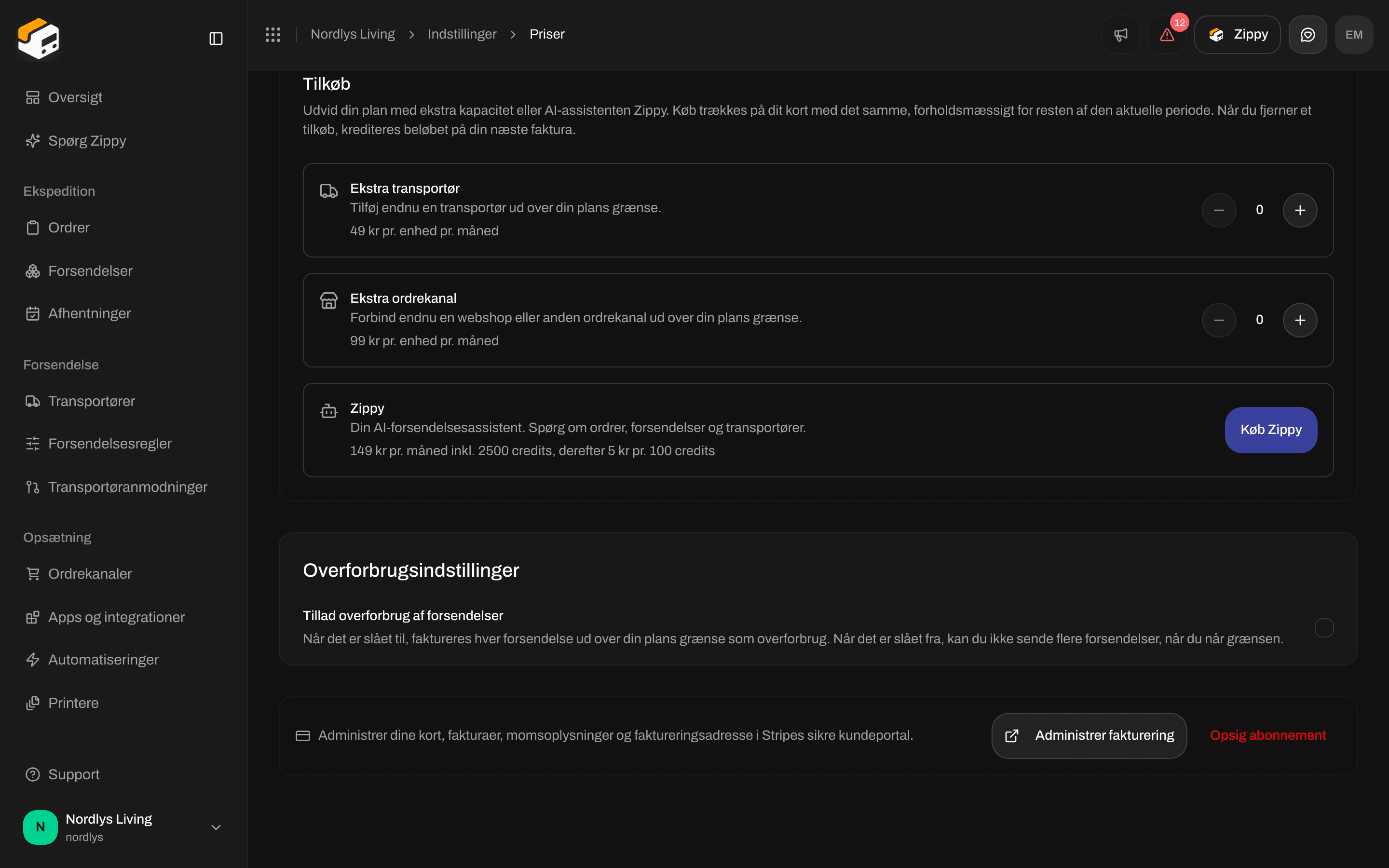 Overforbrugsindstillinger med Tillad overforbrug af forsendelser og Administrer fakturering