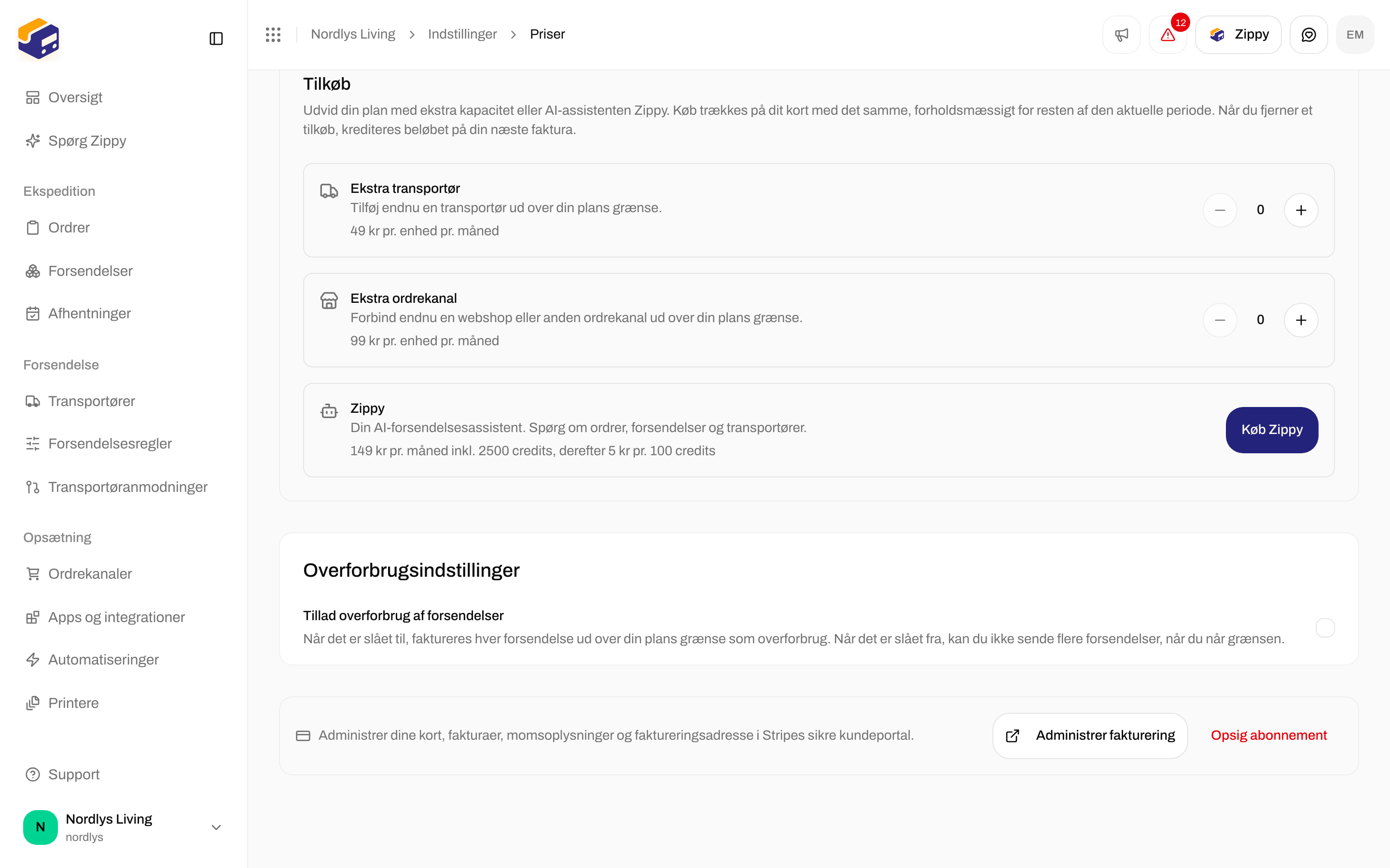 Overforbrugsindstillinger med Tillad overforbrug af forsendelser og Administrer fakturering