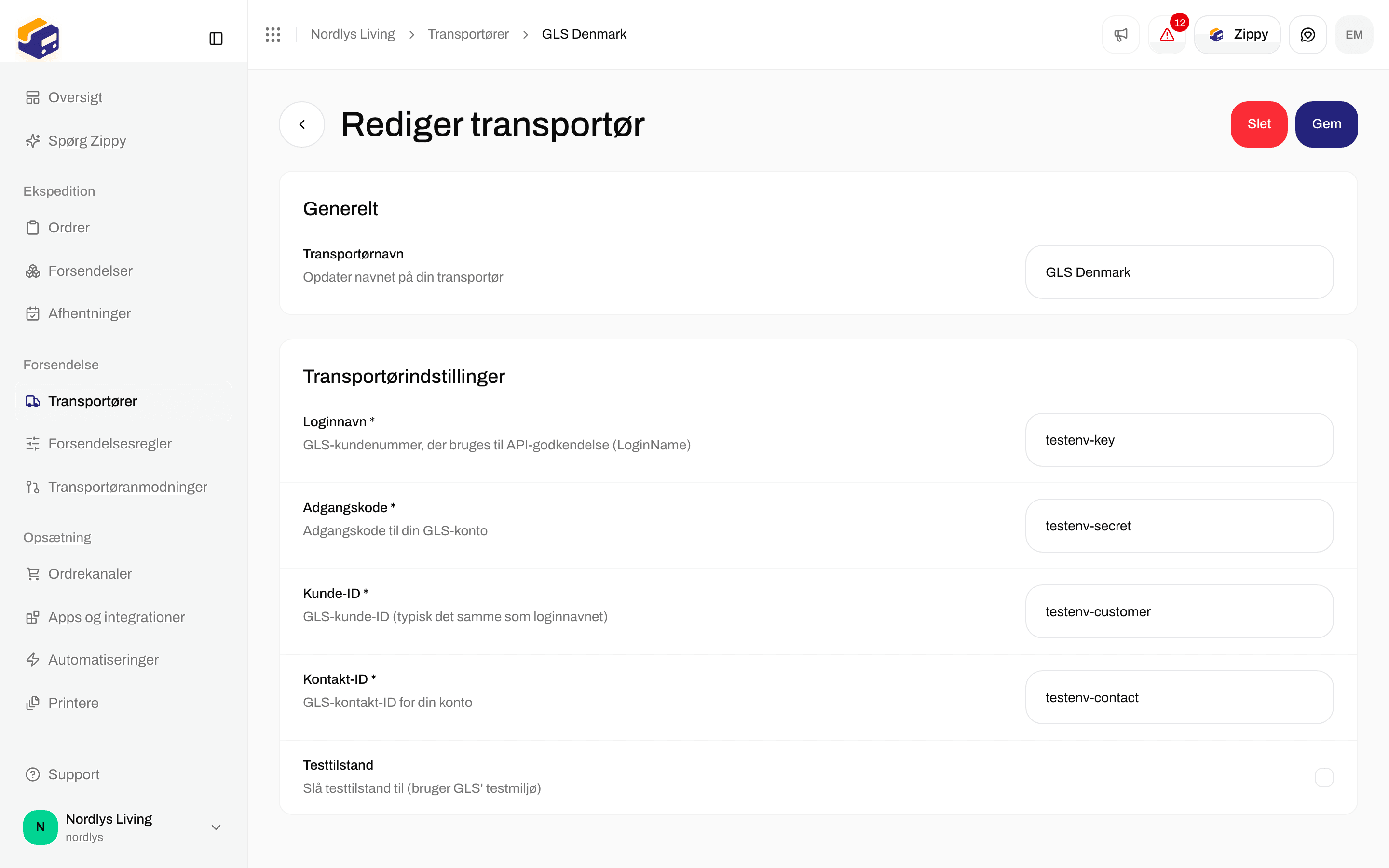 Rediger transportør for GLS Denmark med Loginnavn, Adgangskode, Kunde-ID, Kontakt-ID og Testtilstand