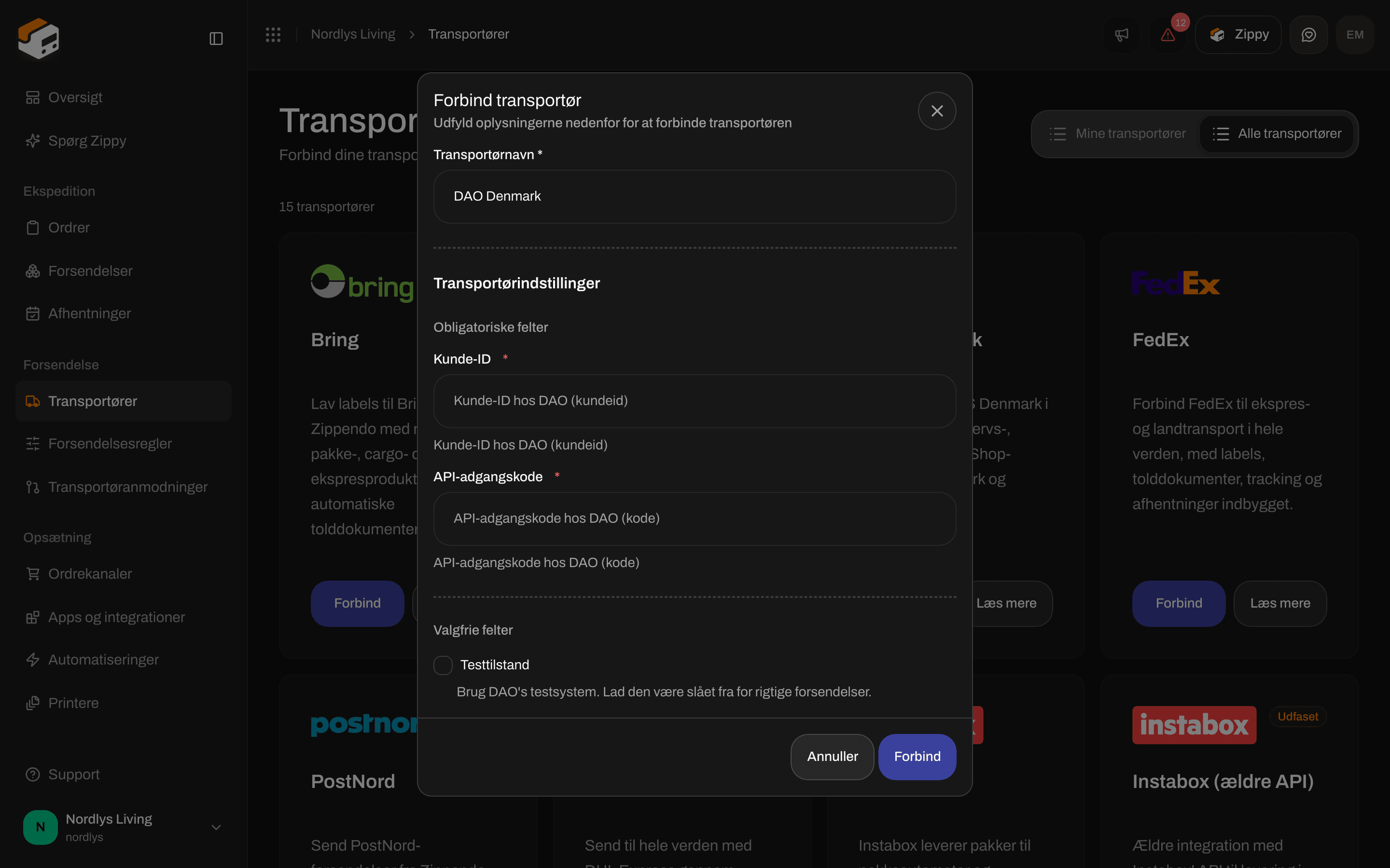 Forbind transportør for DAO Denmark med Kunde-ID og API-adgangskode