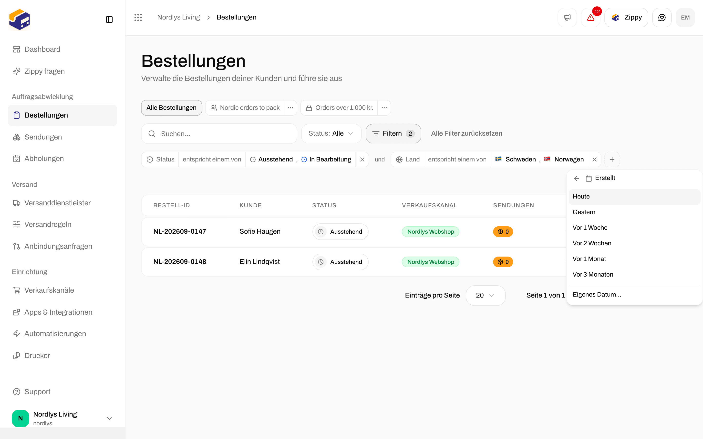 Filter Created mit den Auswahlmöglichkeiten Today, Yesterday, 1 week ago, 1 month ago und Custom date