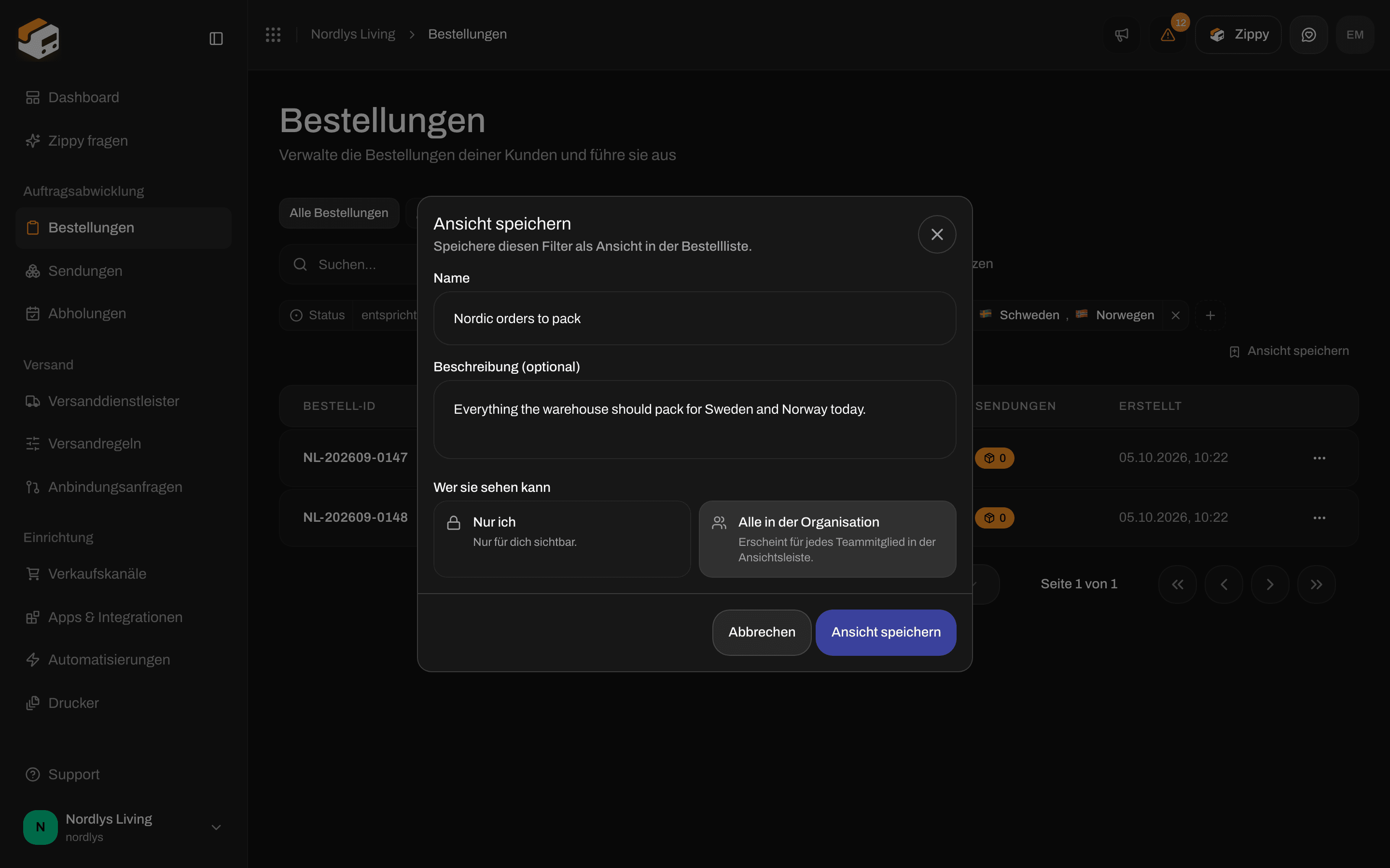 Fenster Save view mit einem Namen, einer Beschreibung und der Wahl zwischen Only me und Everyone in the organization