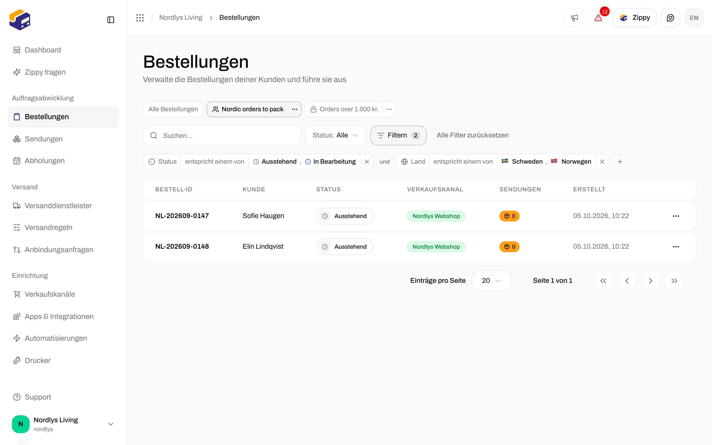 Tabs über den Filtern: All orders, Nordic orders to pack (aktiv) und eine persönliche Ansicht