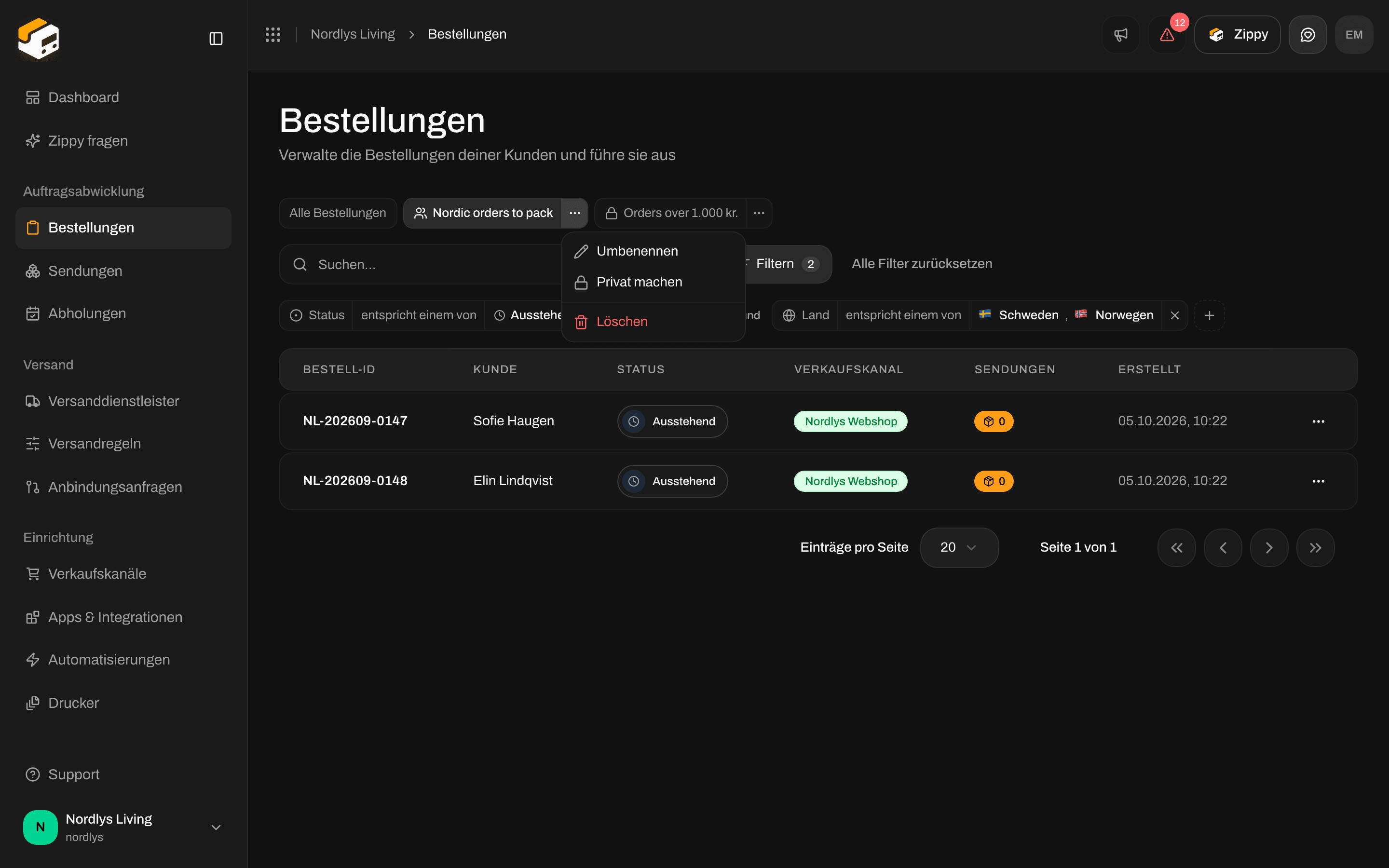 Menü eines Ansichts-Tabs mit Rename, Share with the organization und Delete