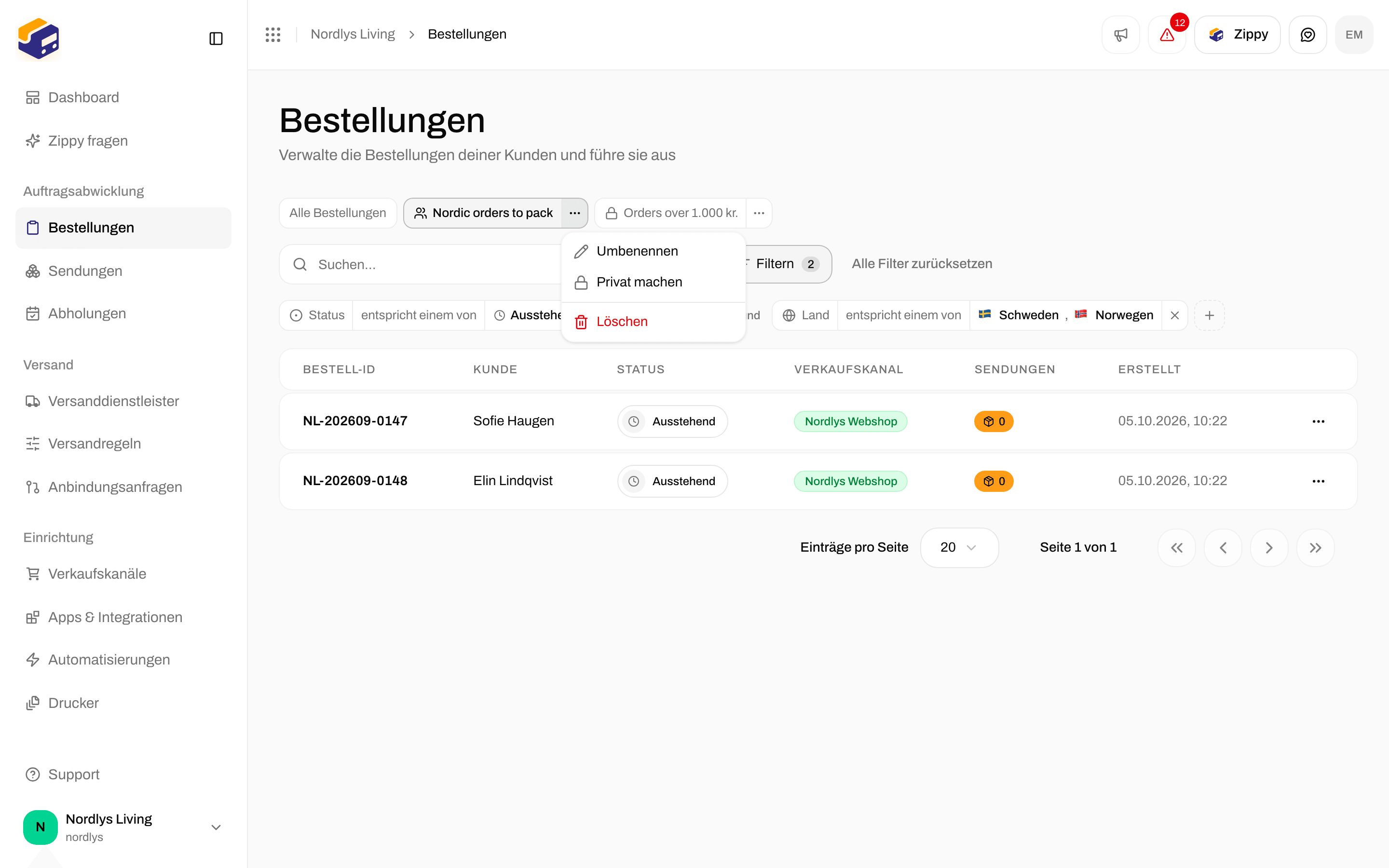 Menü eines Ansichts-Tabs mit Rename, Share with the organization und Delete