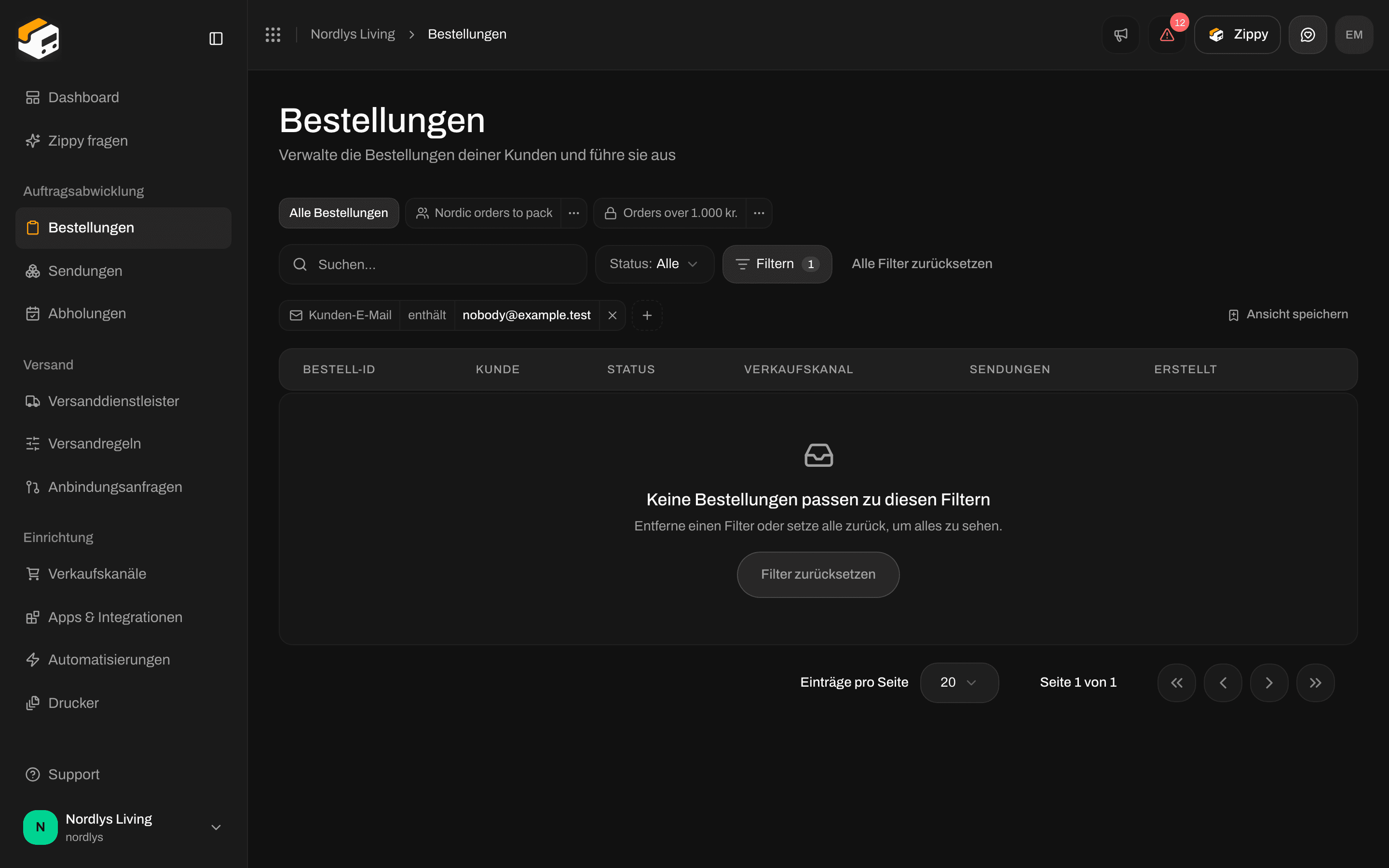 Leere Bestelltabelle mit No orders match these filters und einer Schaltfläche Clear filters
