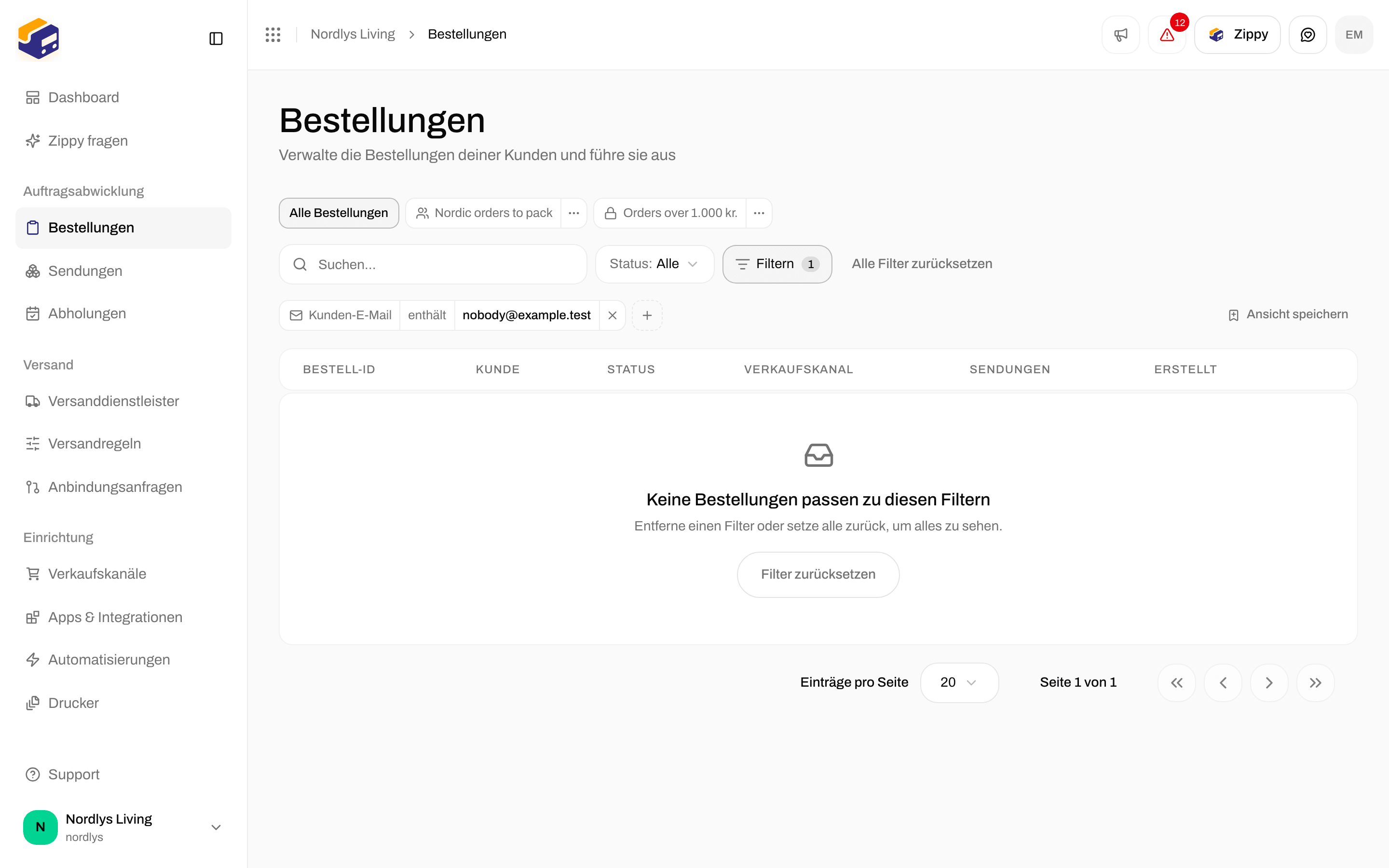 Leere Bestelltabelle mit No orders match these filters und einer Schaltfläche Clear filters