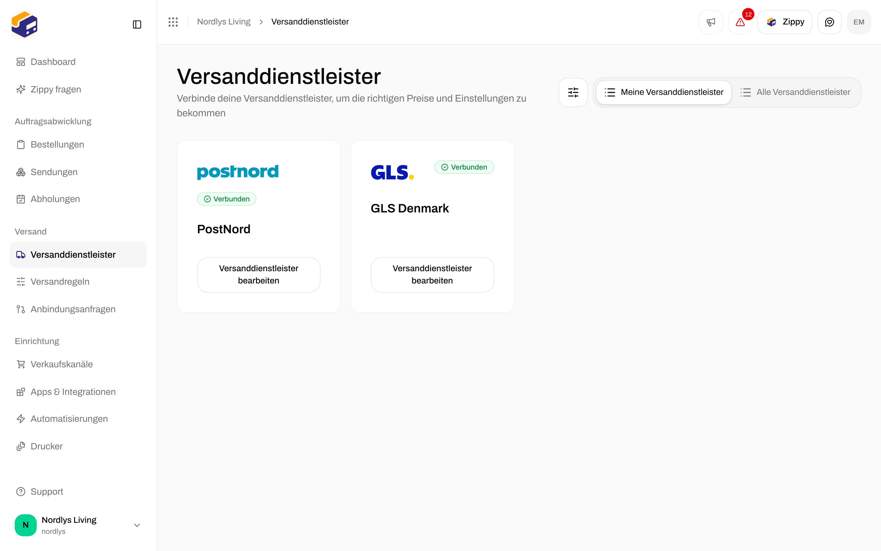 Tab Meine Versanddienstleister mit PostNord und GLS Denmark, beide Verbunden