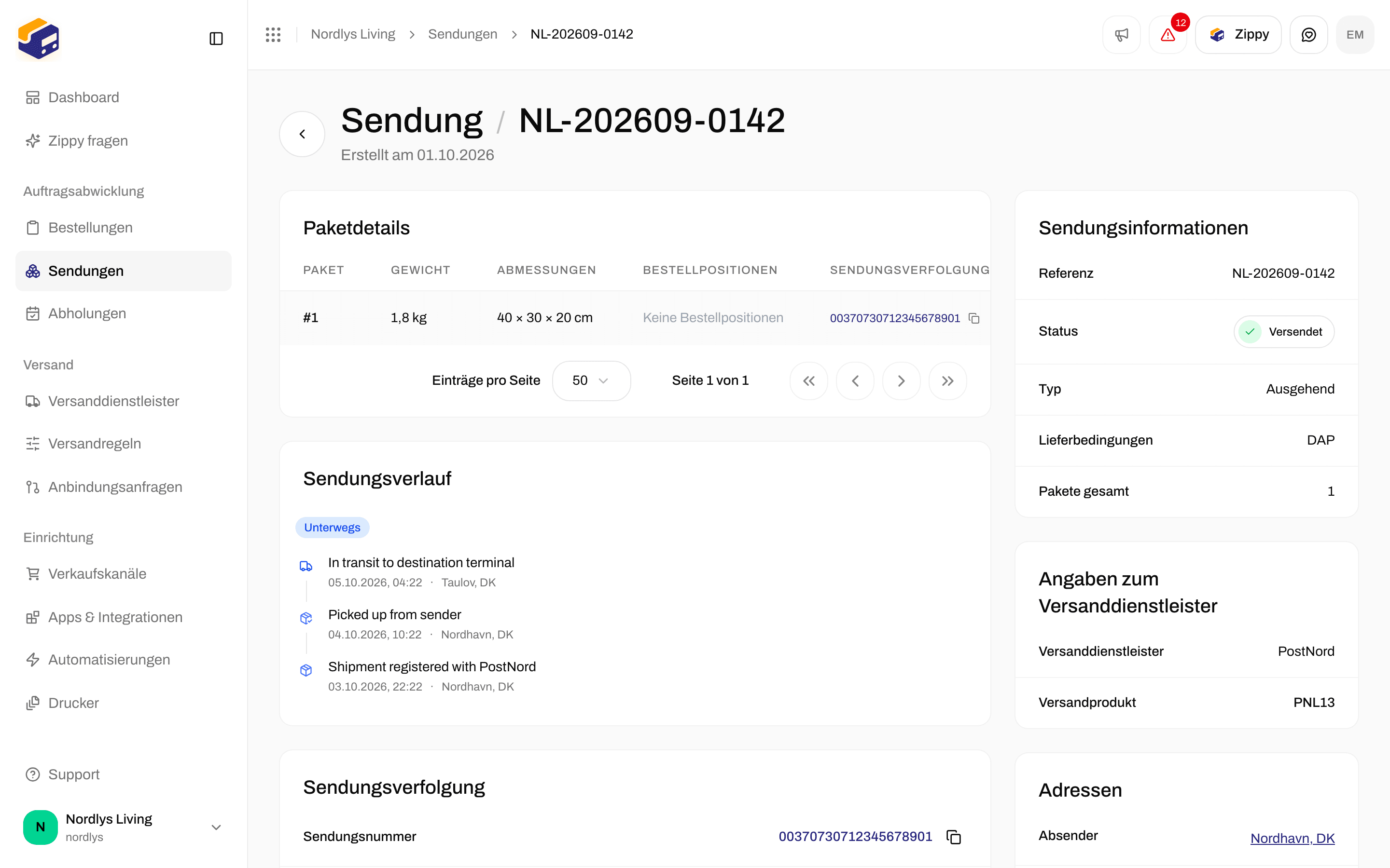 Überblick einer versendeten PostNord-Sendung mit ihrer Absenderadresse