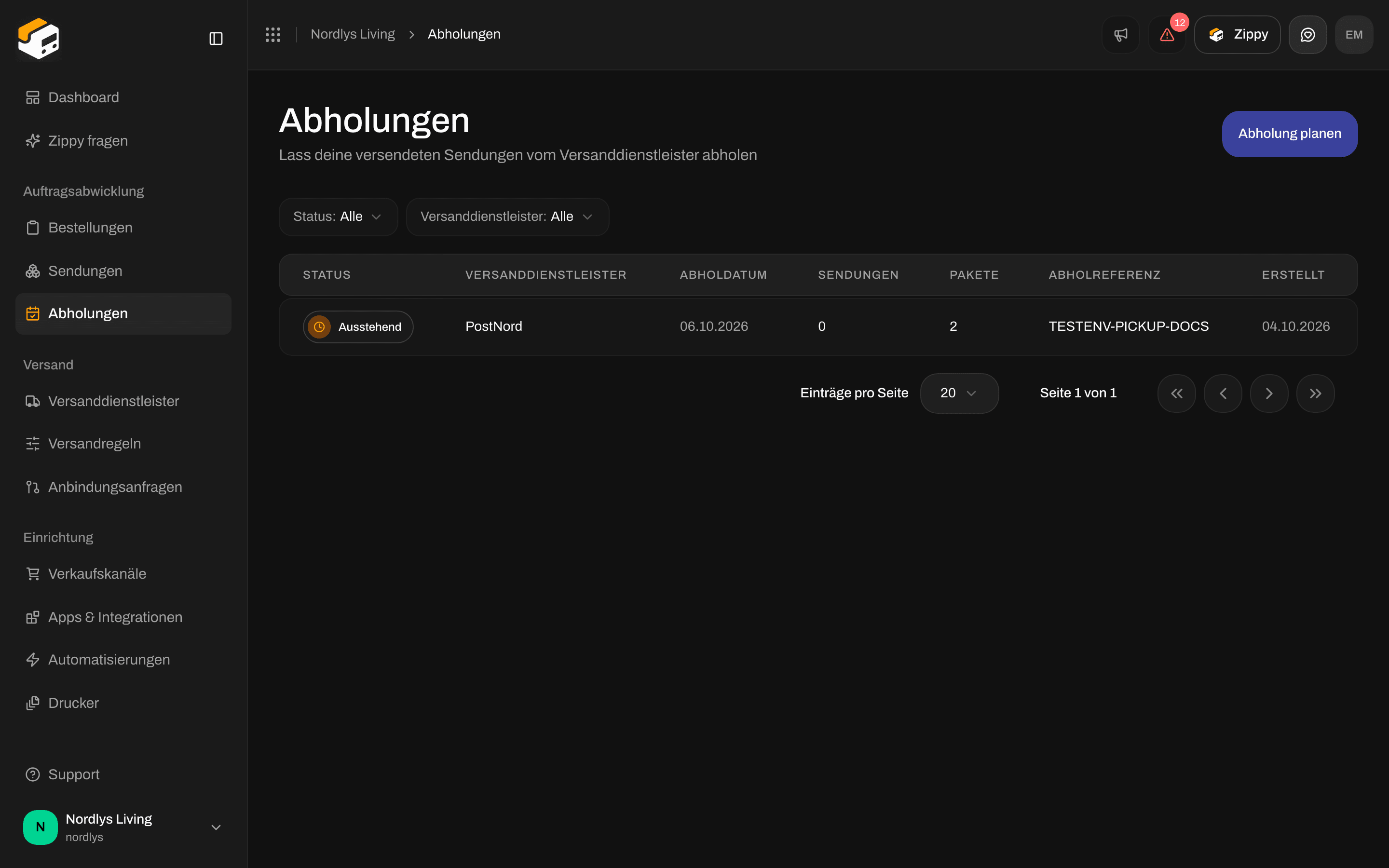 Seite Abholungen mit der Meldung Keine Abholungen geplant und Abholung planen