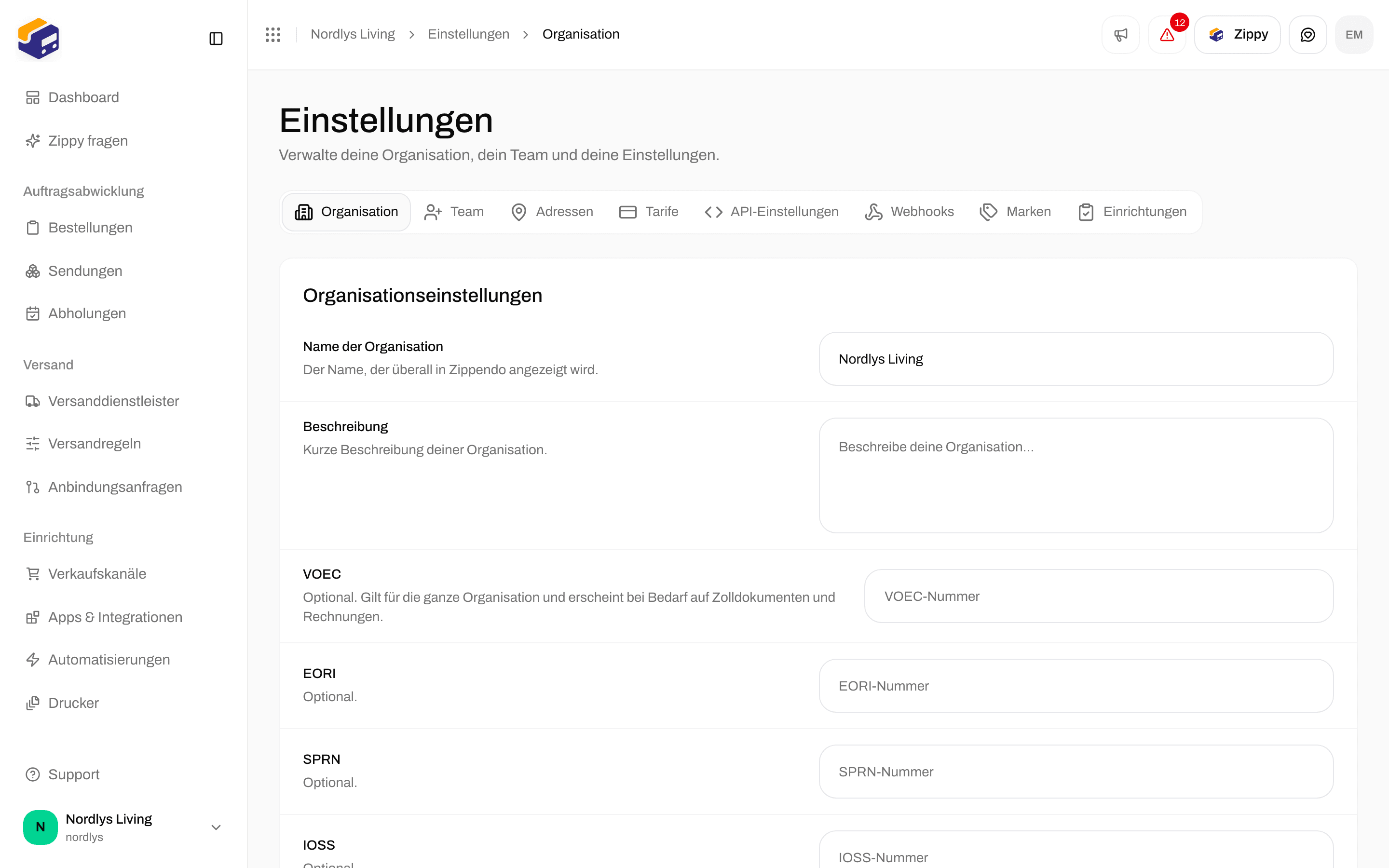 Organisationseinstellungen mit dem Namen der Organisation und den Feldern für Zollnummern