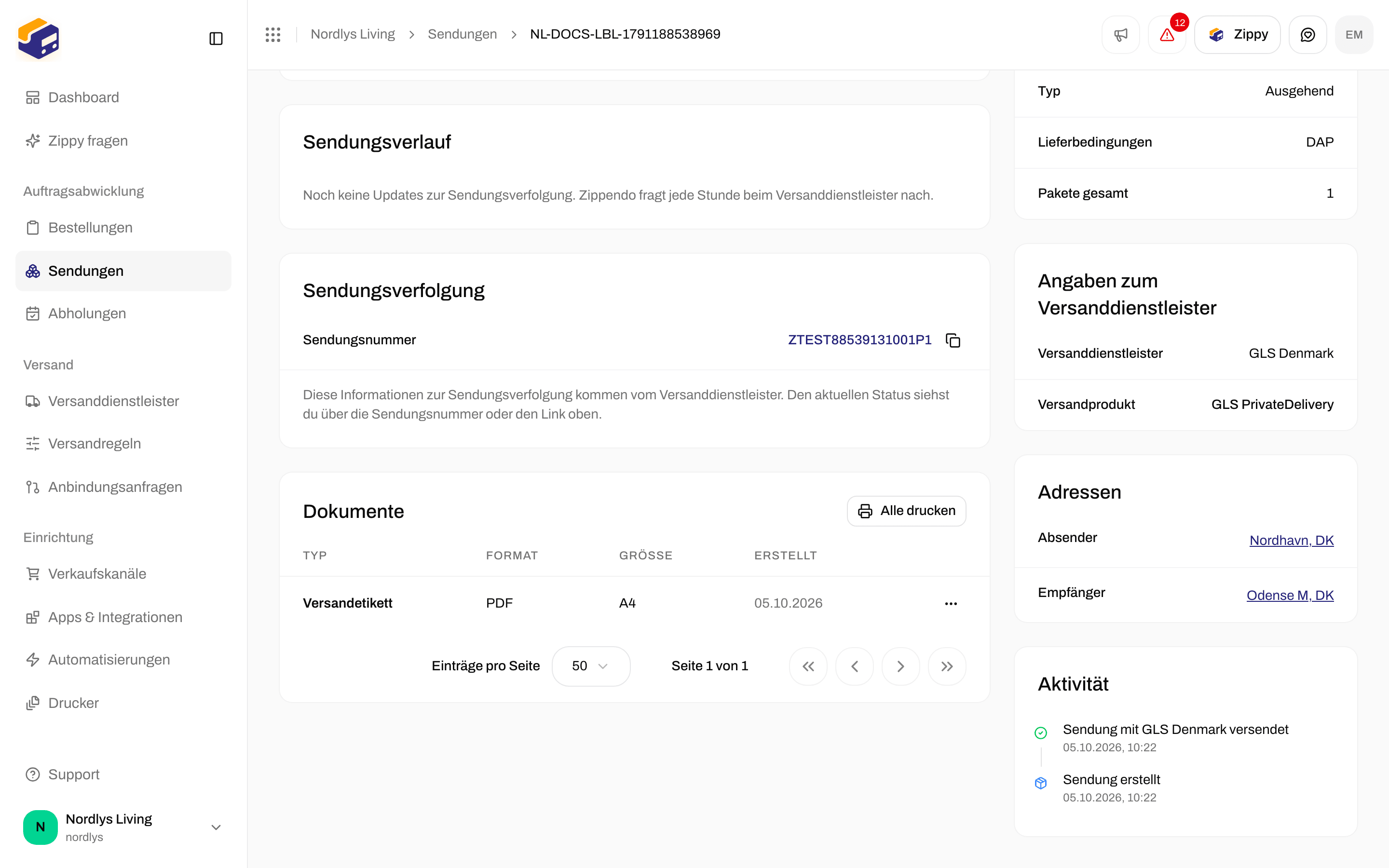 Bereich Dokumente einer Sendung mit einer Zeile Versandetikett im Format PDF und Alle drucken