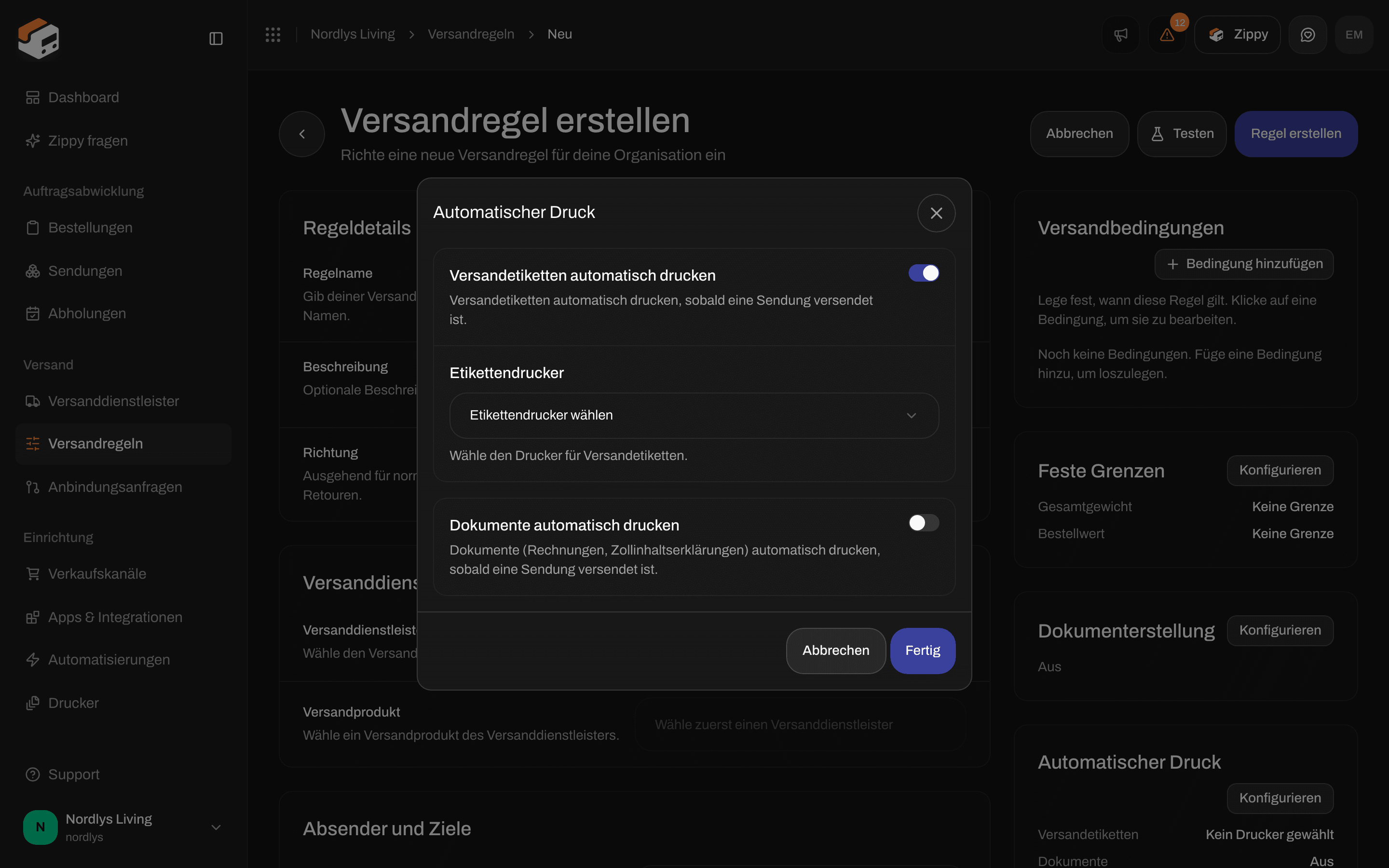 Formular der Versandregel, Bereich Automatischer Druck mit eingeschaltetem Versandetiketten automatisch drucken