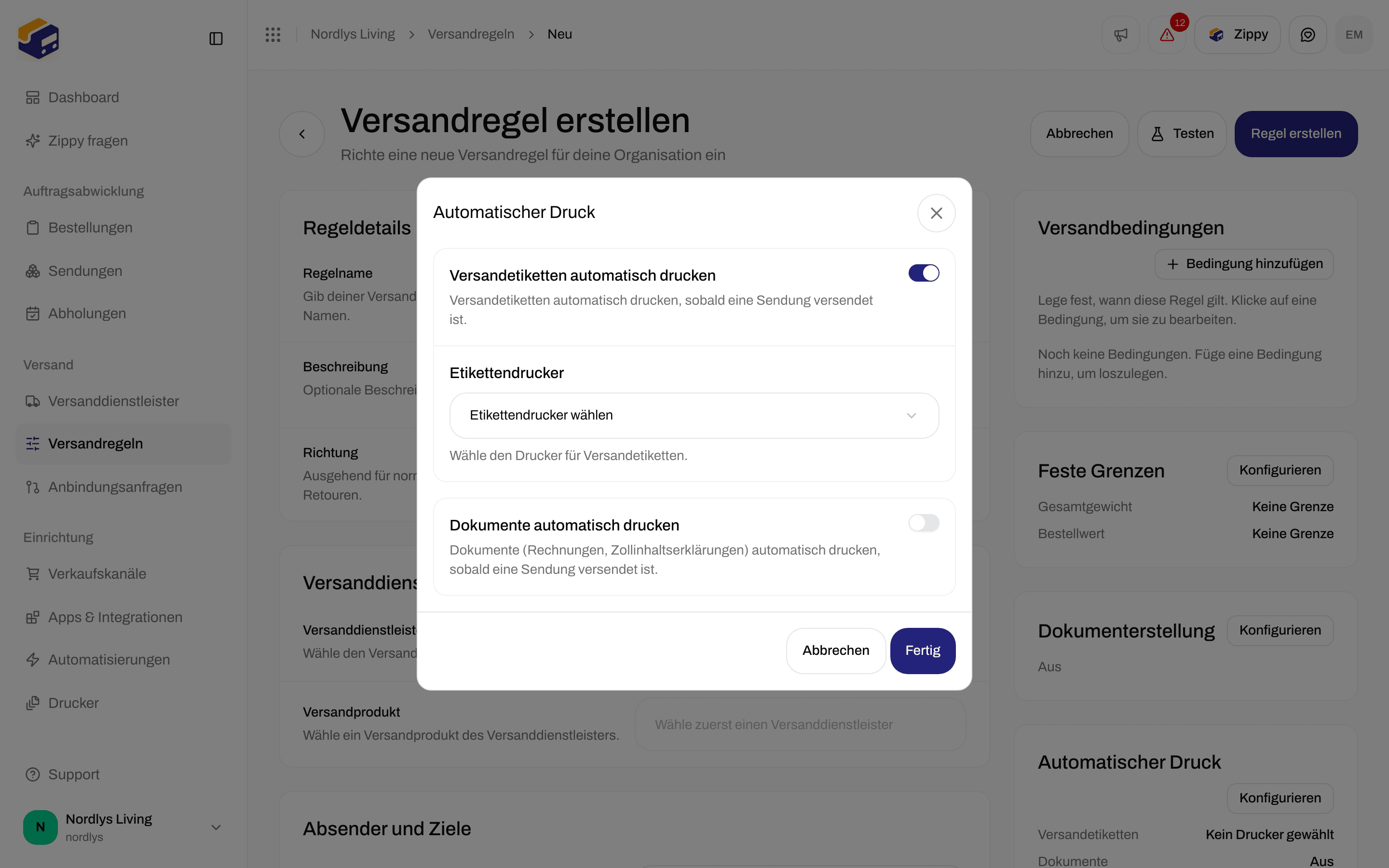 Formular der Versandregel, Bereich Automatischer Druck mit eingeschaltetem Versandetiketten automatisch drucken