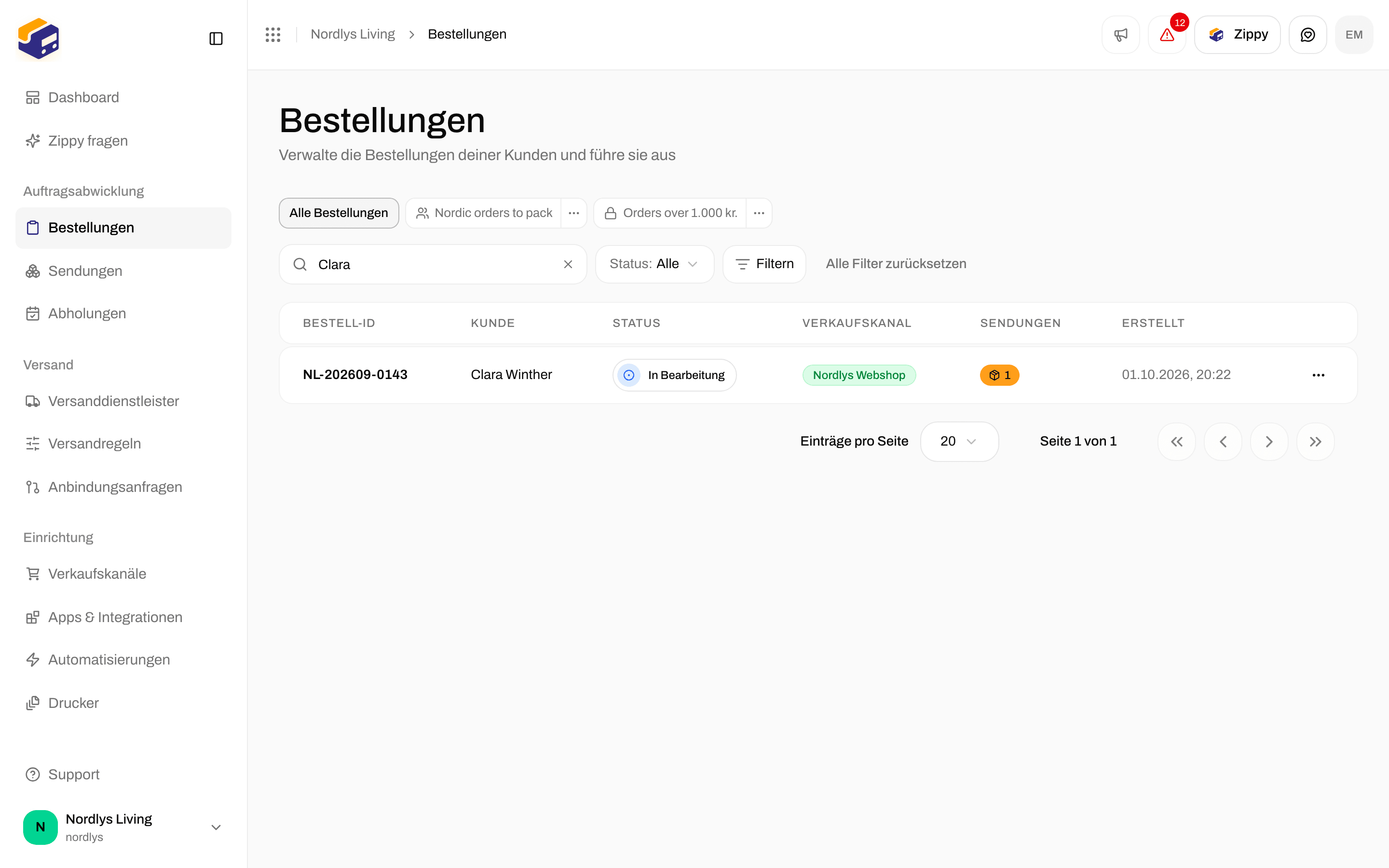 Bestellliste, durch eine Suche auf eine Bestellung In Bearbeitung mit einer Sendung eingegrenzt