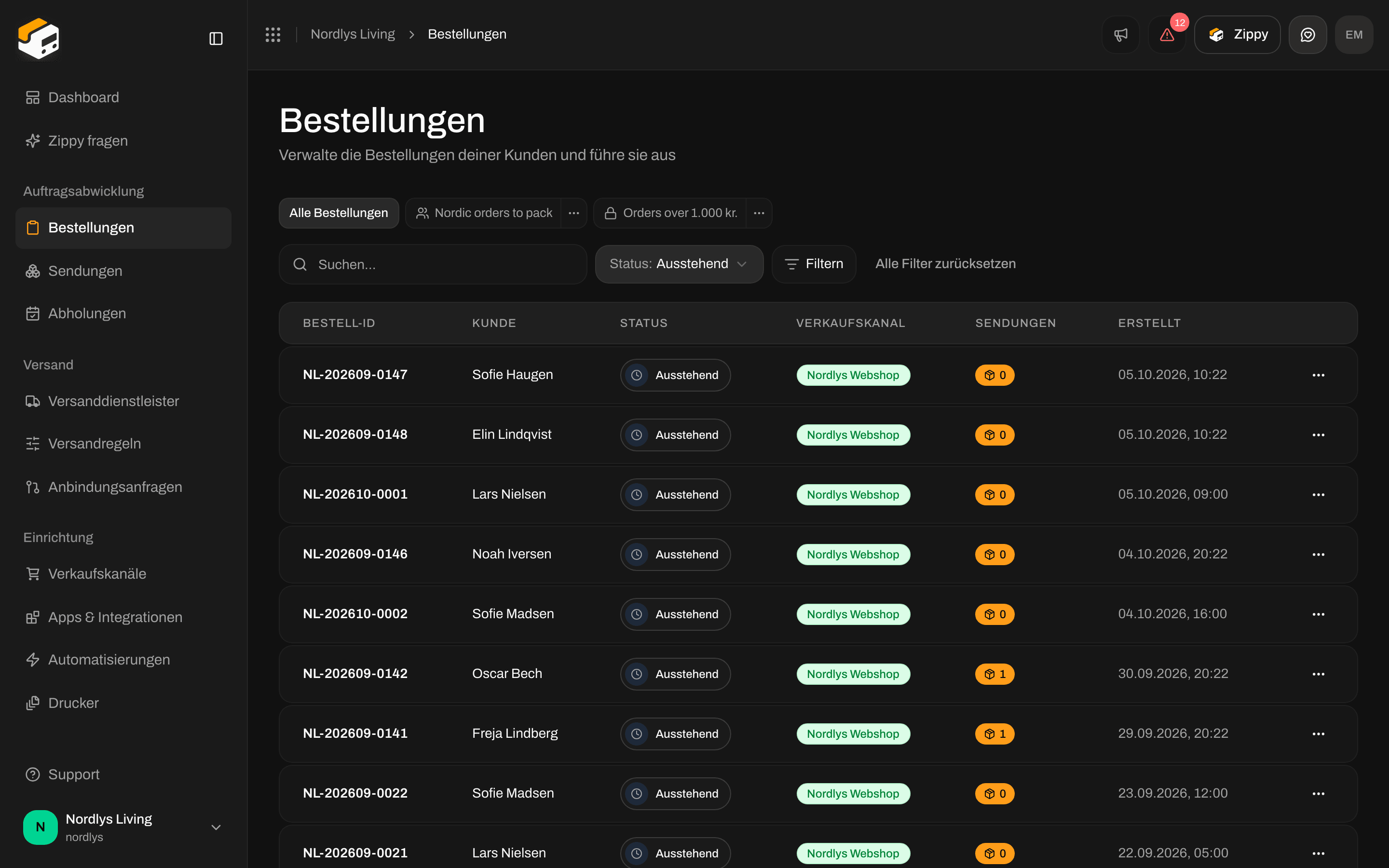 Bestellliste mit nur ausstehenden Bestellungen