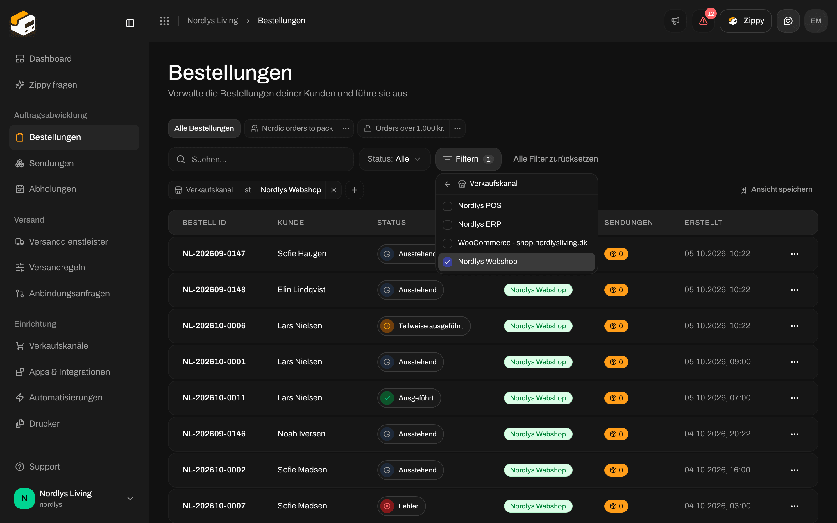 Bestellliste mit einem Filter-Tag Verkaufskanal über der Tabelle
