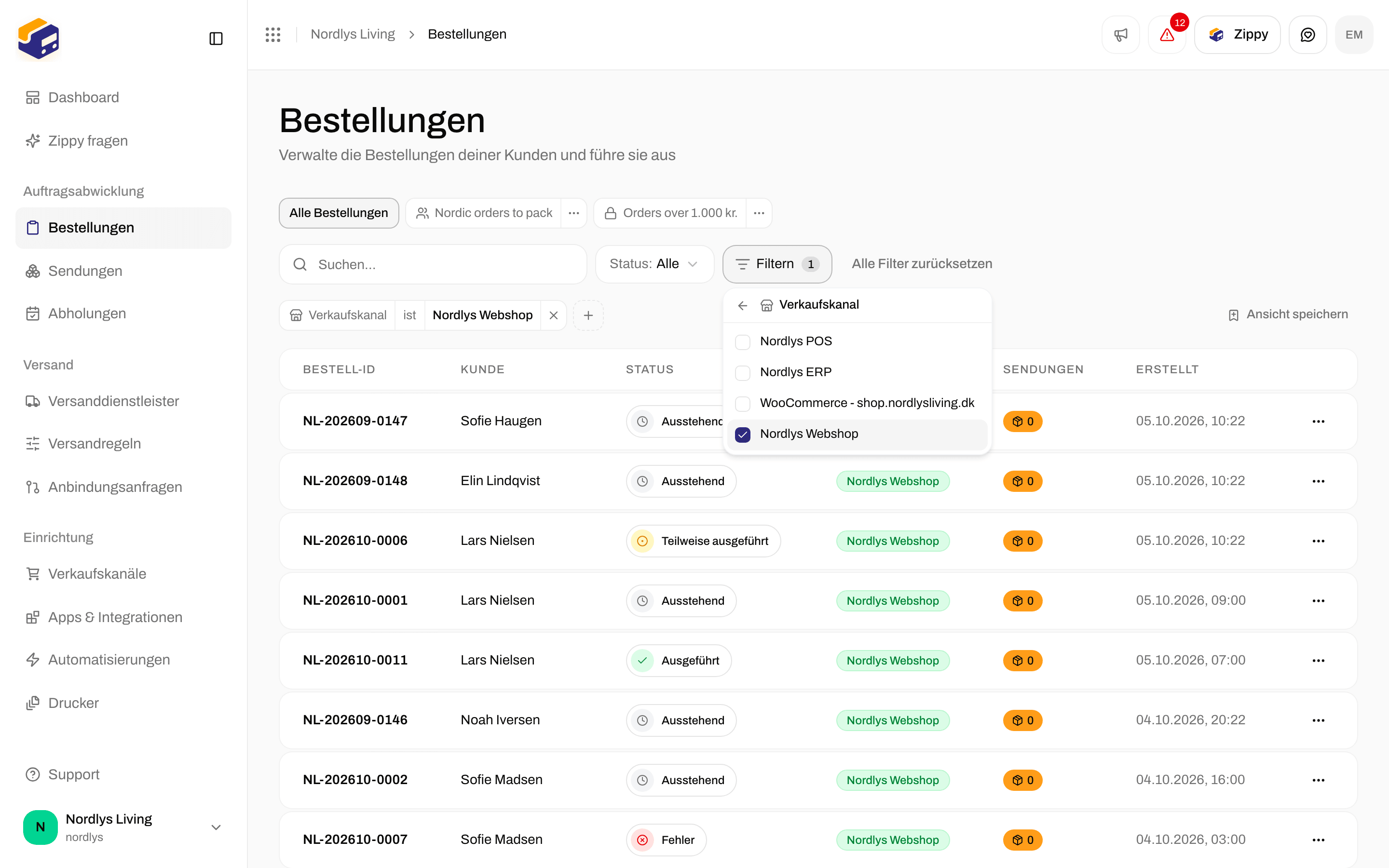 Bestellliste mit einem Filter-Tag Verkaufskanal über der Tabelle
