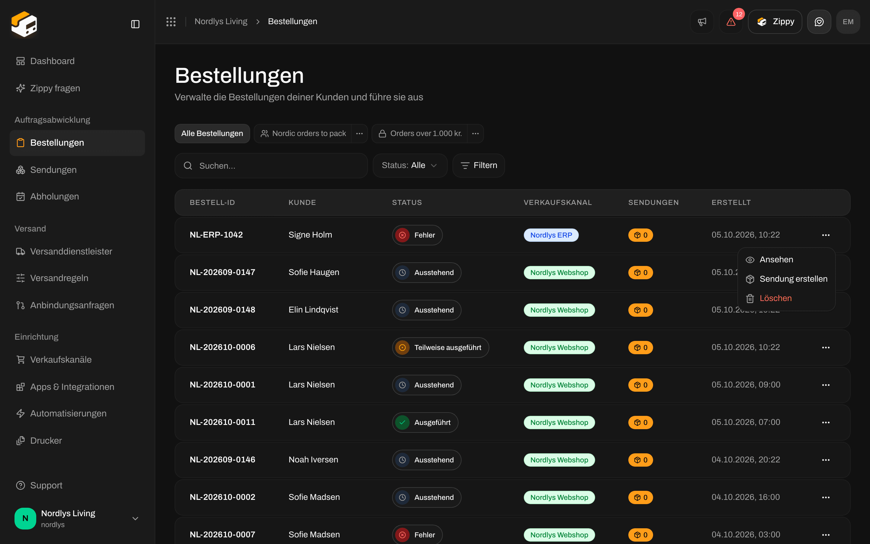 Zeilenmenü bei einer Bestellung mit Ansehen und Löschen
