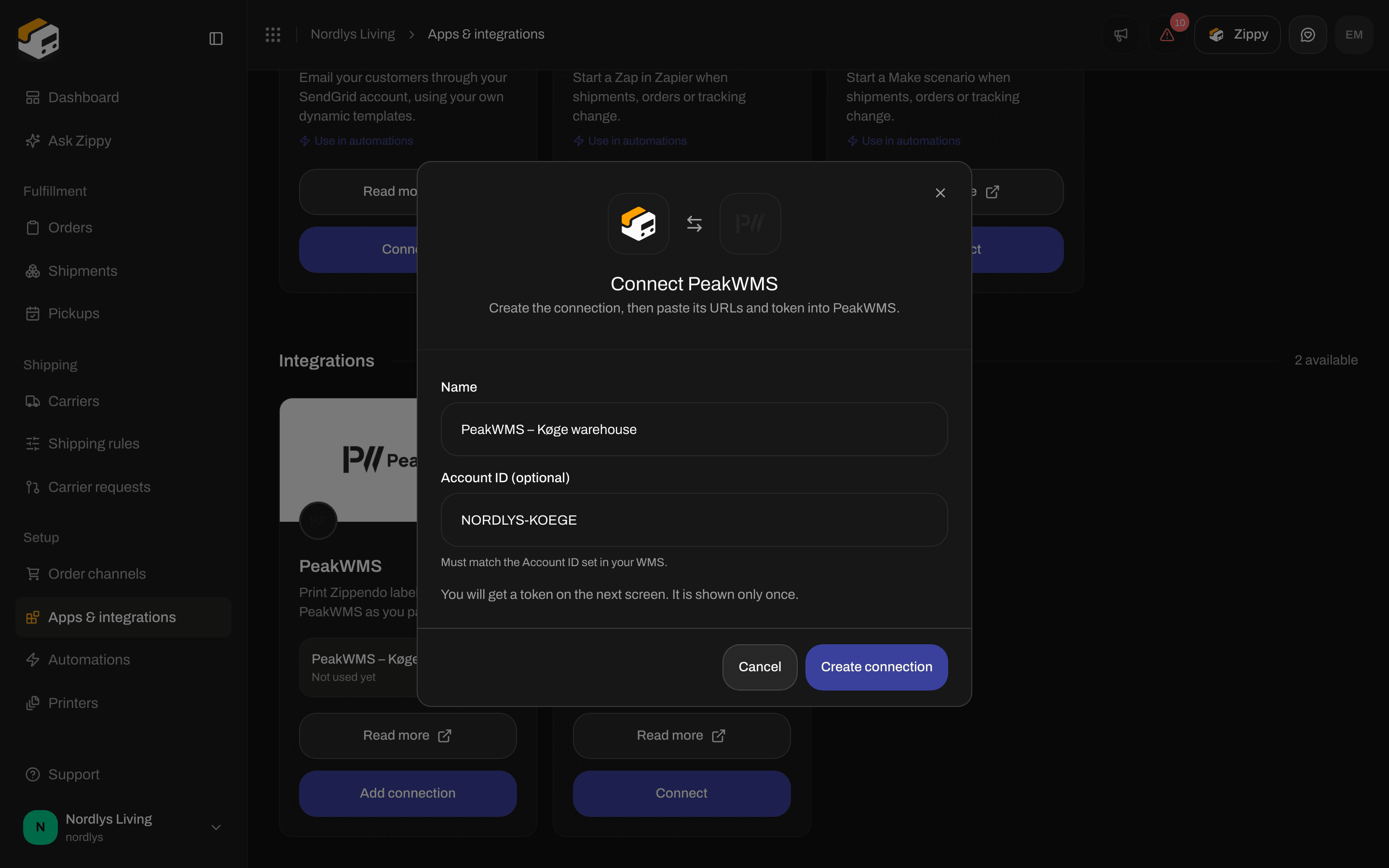Connect PeakWMS window with a warehouse name and an example Account ID