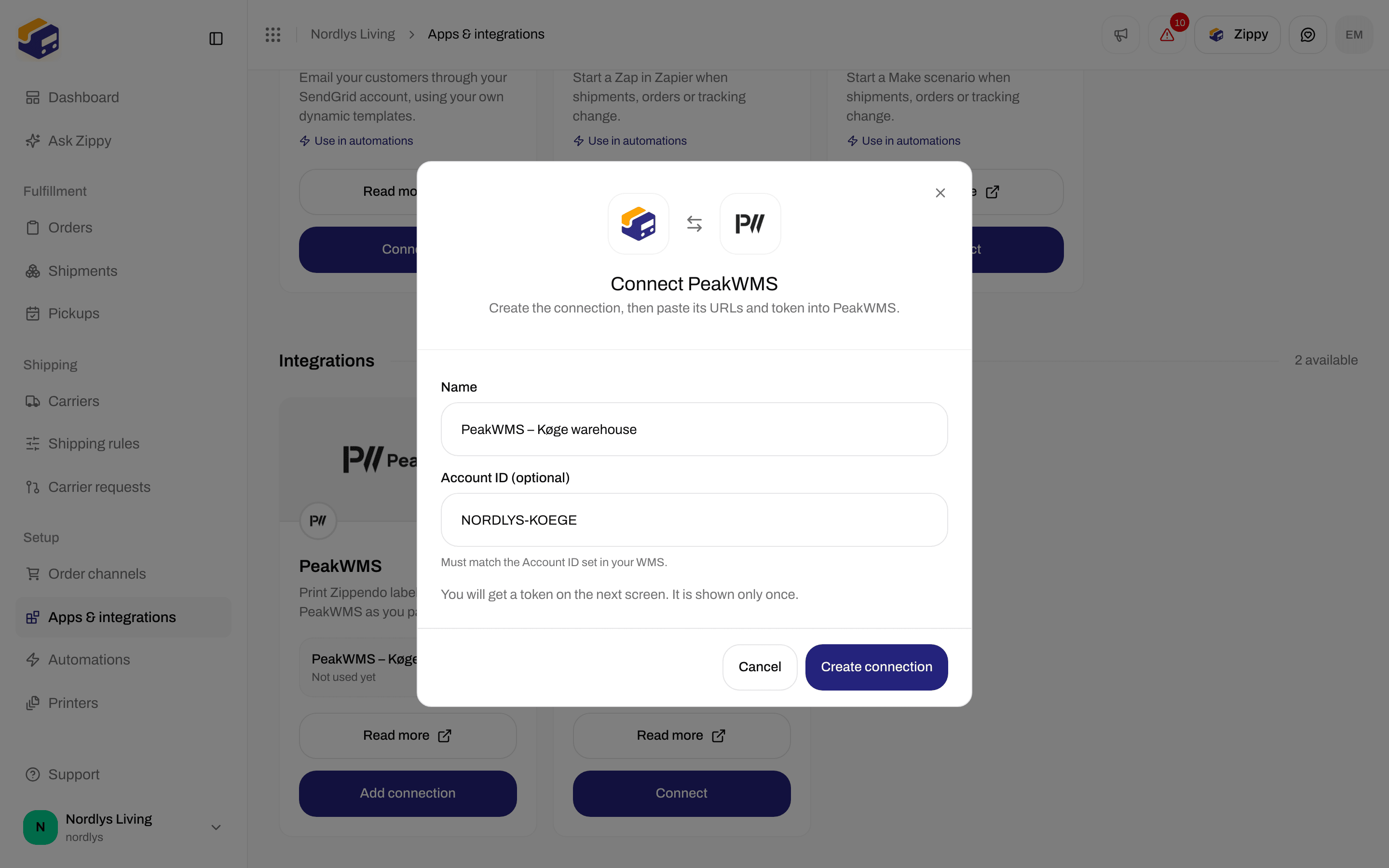 Connect PeakWMS window with a warehouse name and an example Account ID