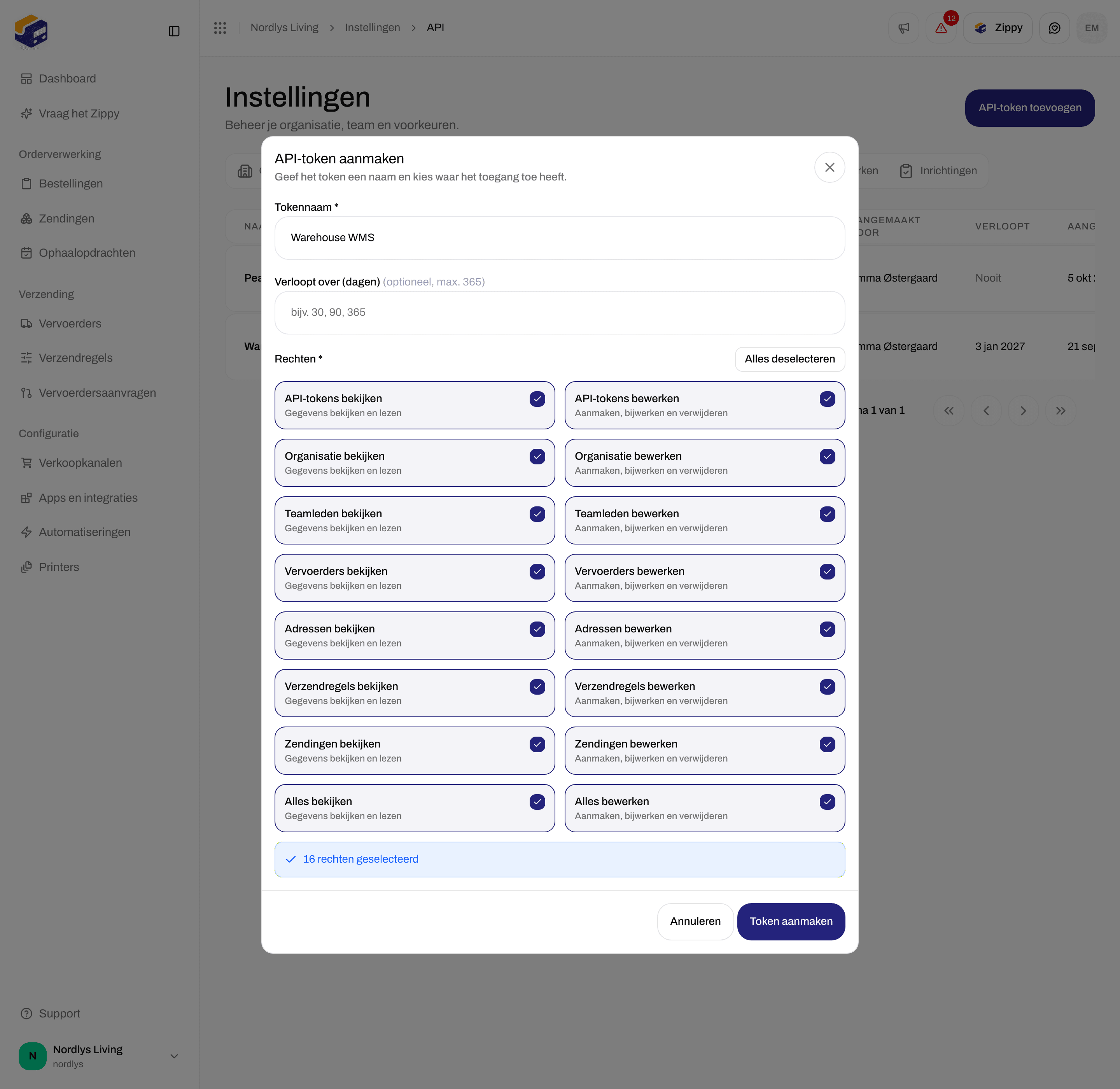 Rechten bij API-token aanmaken met selectievakjes voor Lezen en Schrijven, inclusief Alles bekijken en Alles bewerken
