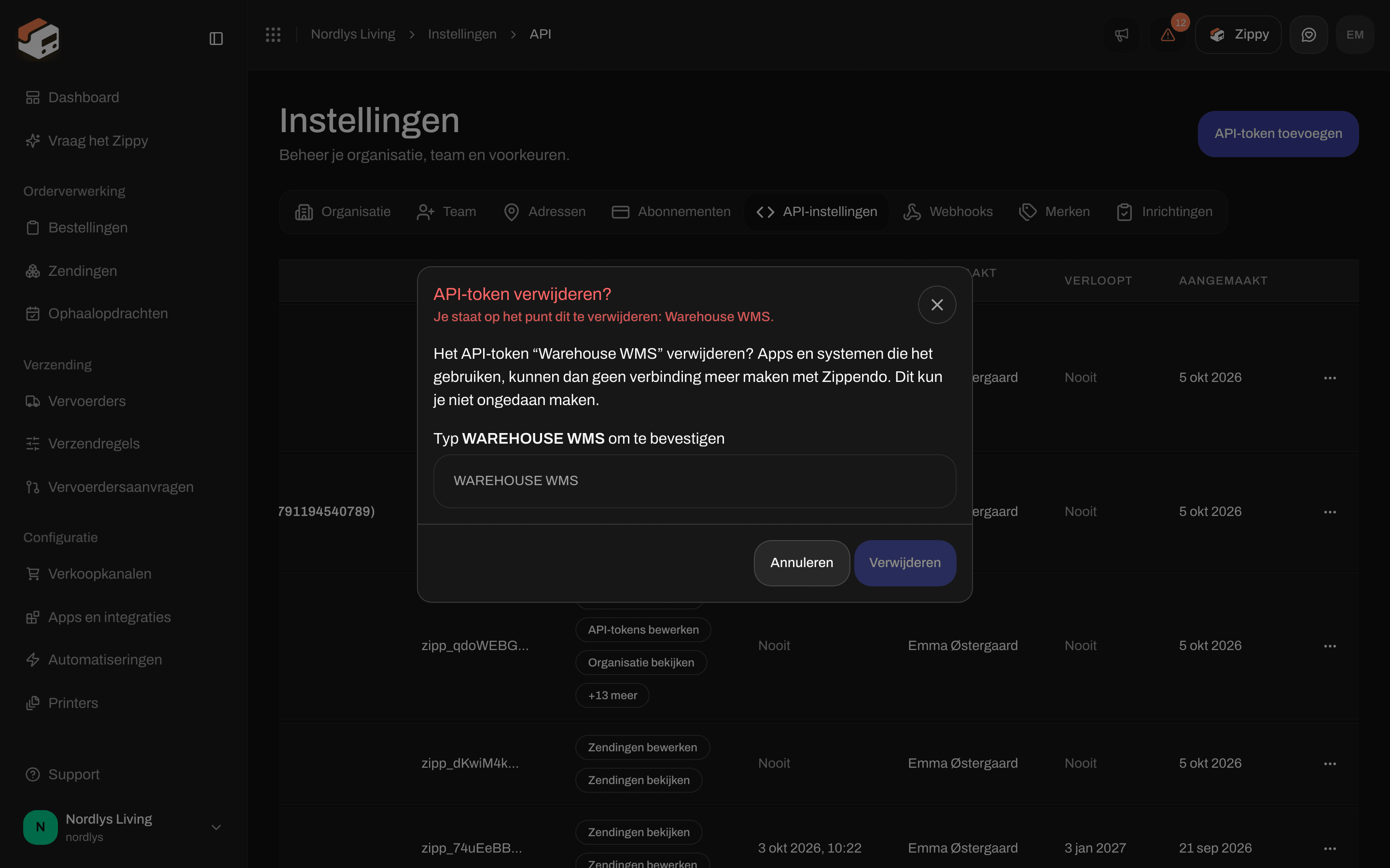 Venster API-token verwijderen? met een veld om de naam te typen ter bevestiging