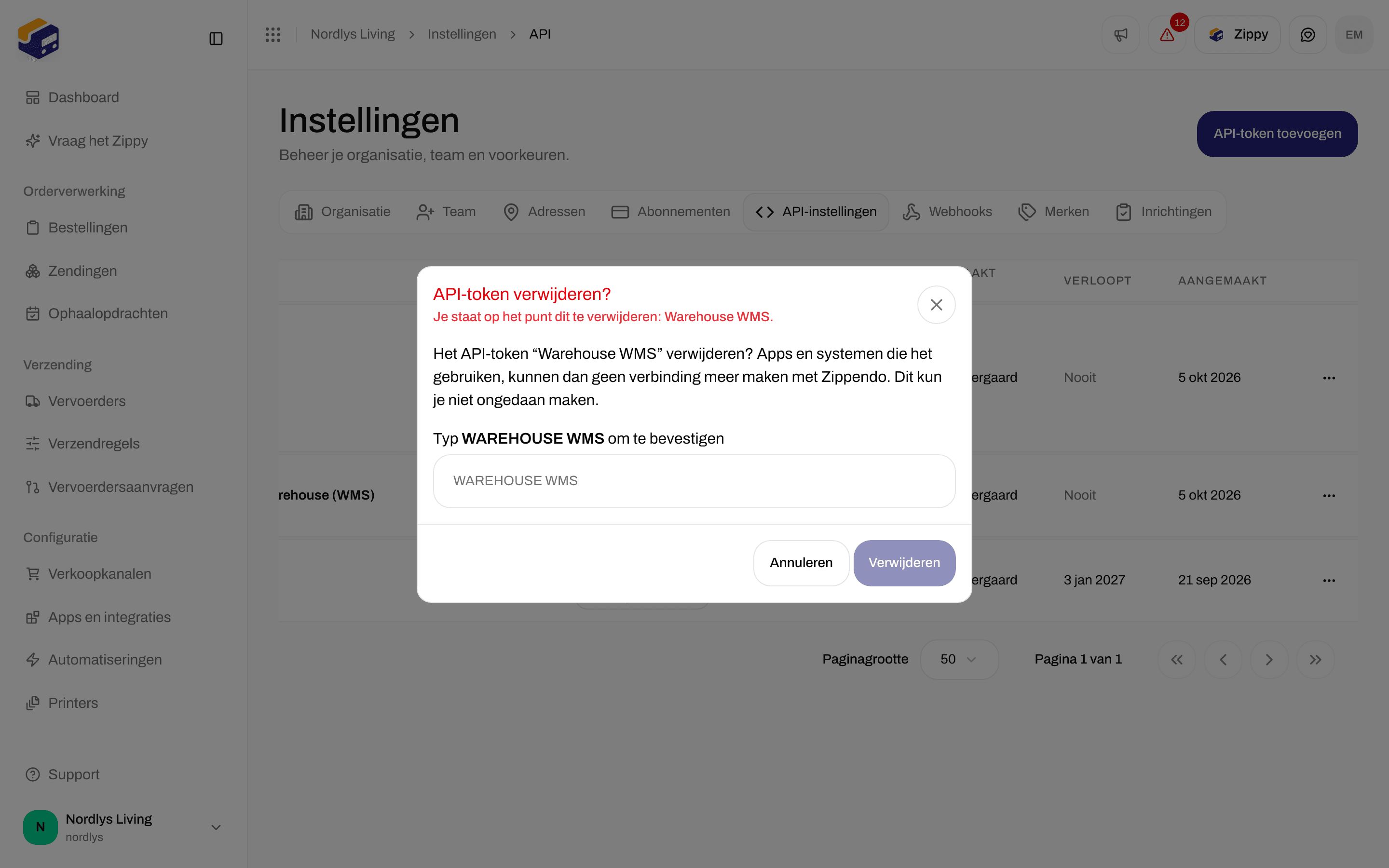 Venster API-token verwijderen? met een veld om de naam te typen ter bevestiging