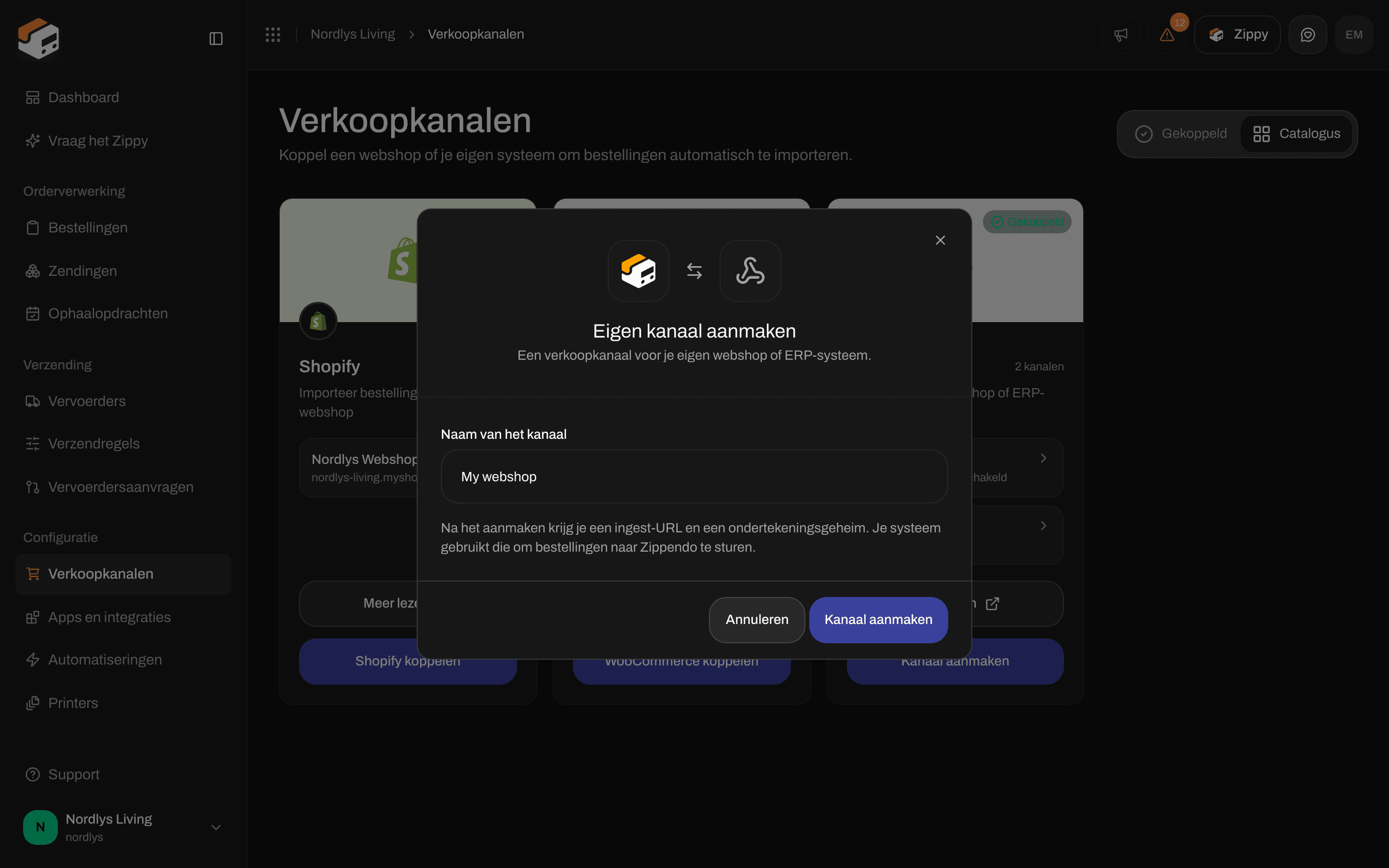 Venster Eigen kanaal aanmaken met Naam van het kanaal ingevuld als My webshop, Kanaal aanmaken en Annuleren