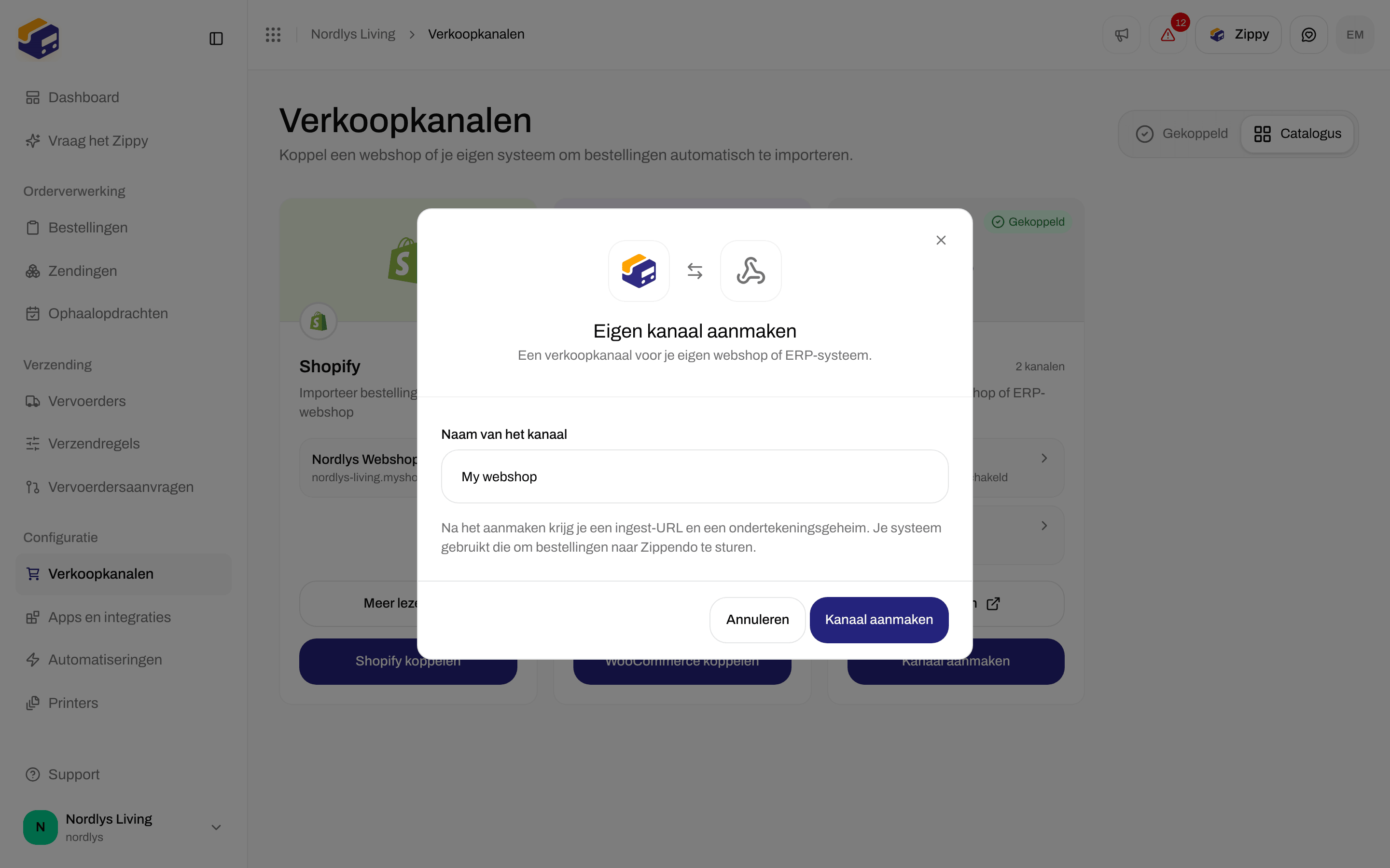 Venster Eigen kanaal aanmaken met Naam van het kanaal ingevuld als My webshop, Kanaal aanmaken en Annuleren