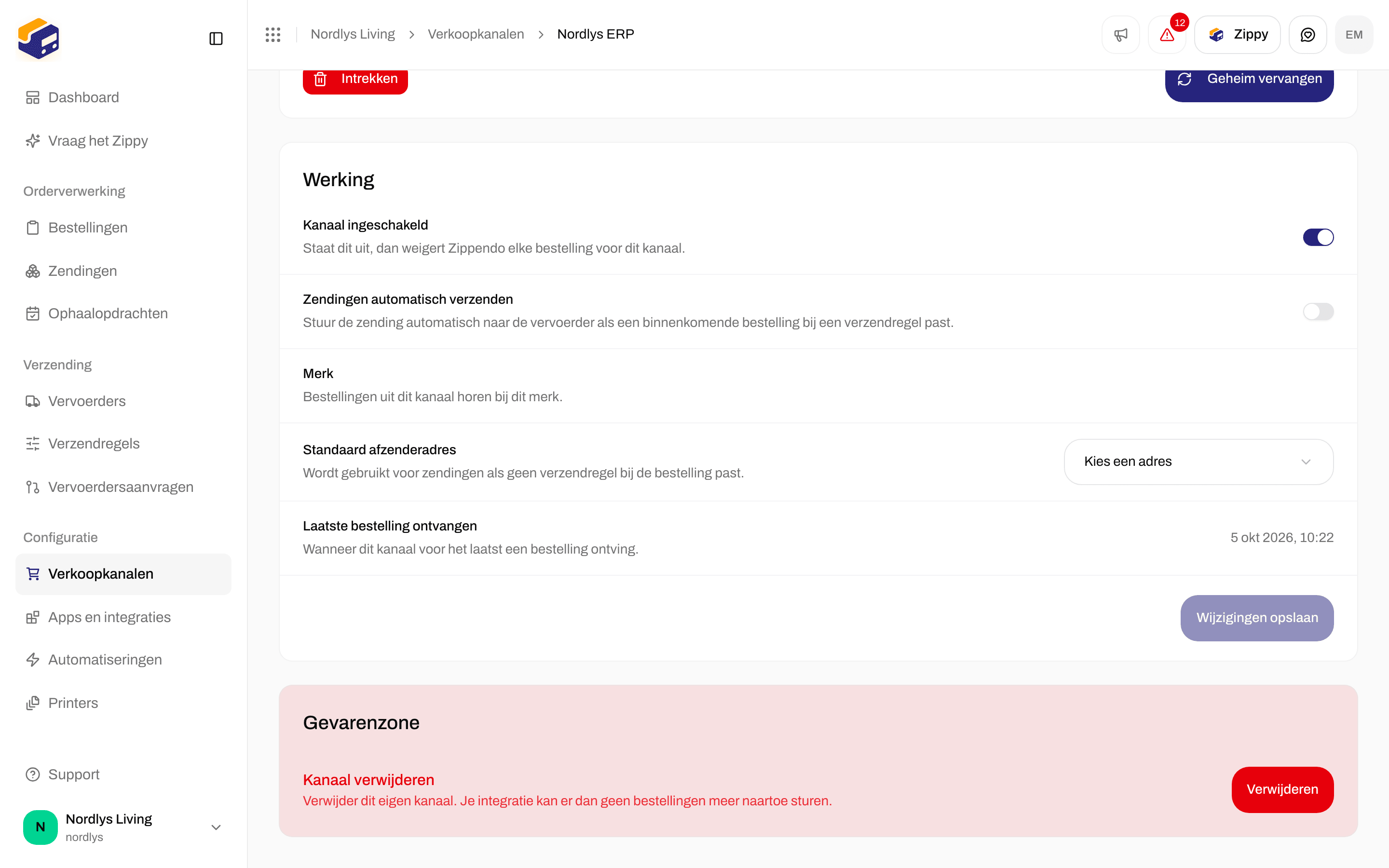 Kaart Werking met Kanaal ingeschakeld aan, Zendingen automatisch verzenden, Standaard afzenderadres, Laatste bestelling ontvangen en Wijzigingen opslaan